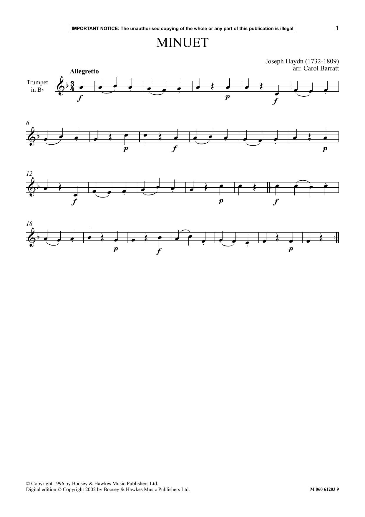 Franz Joseph Haydn Minuet sheet music notes and chords arranged for Instrumental Solo