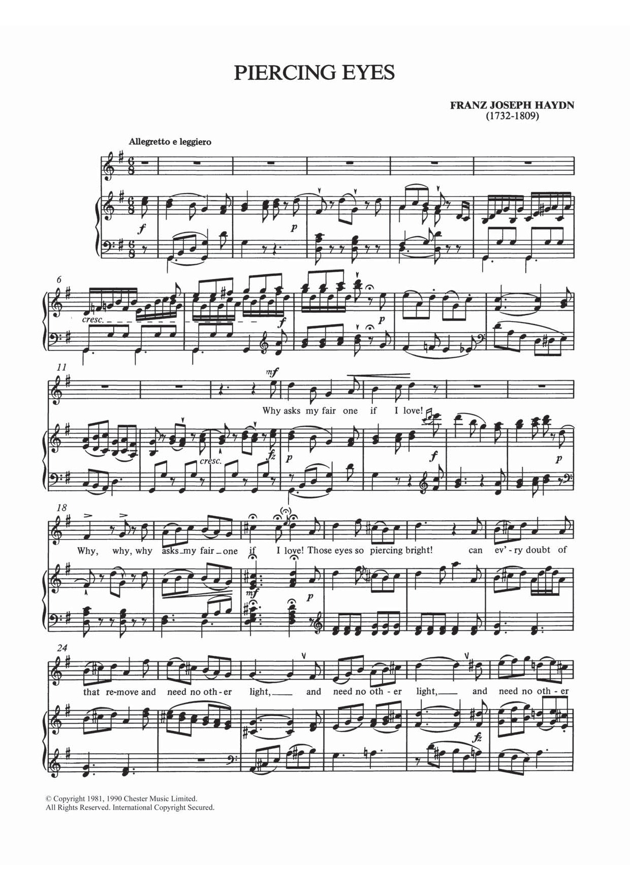 Franz Joseph Haydn Piercing Eyes sheet music notes and chords arranged for Piano & Vocal