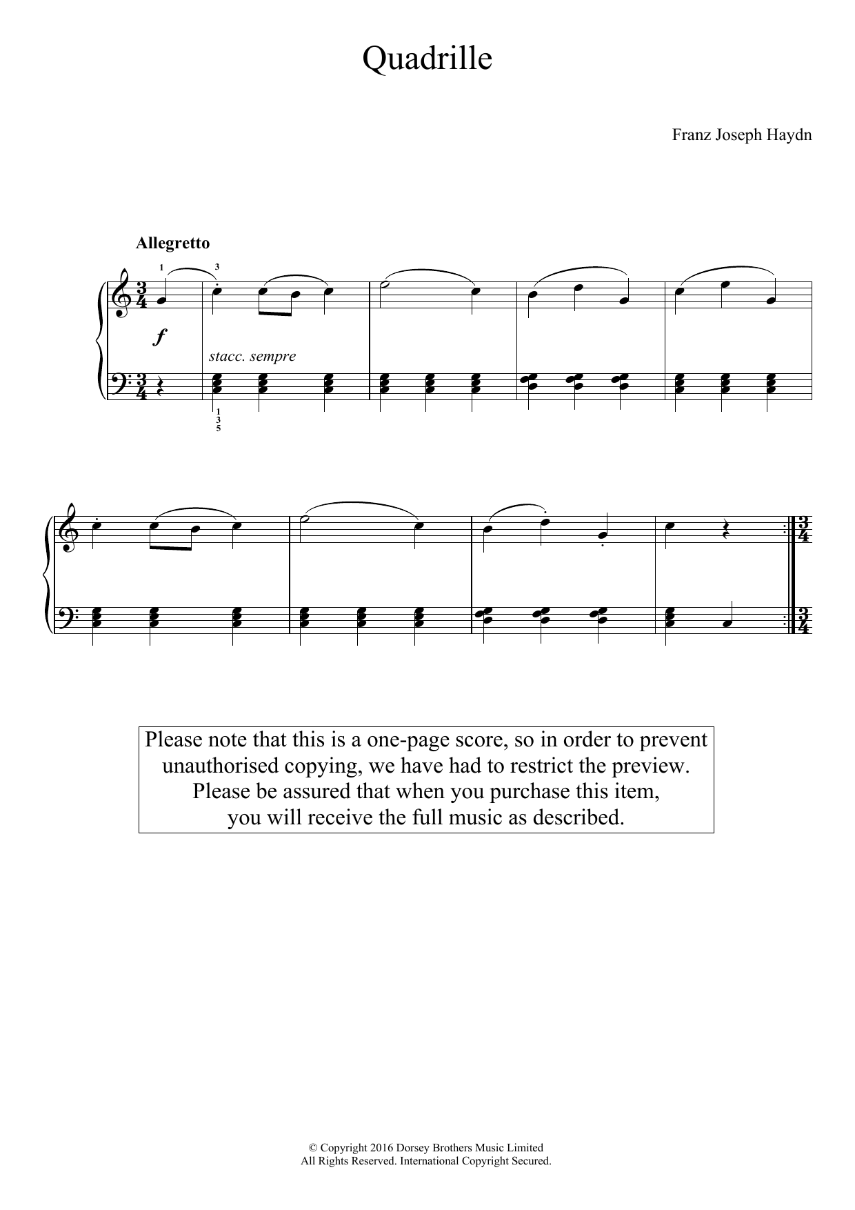 Franz Joseph Haydn Quadrille sheet music notes and chords arranged for Easy Piano