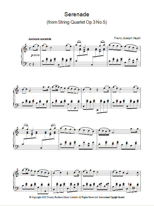 Franz Joseph Haydn Serenade For Strings Op. 3 No. 5 sheet music notes and chords arranged for 5-Finger Piano