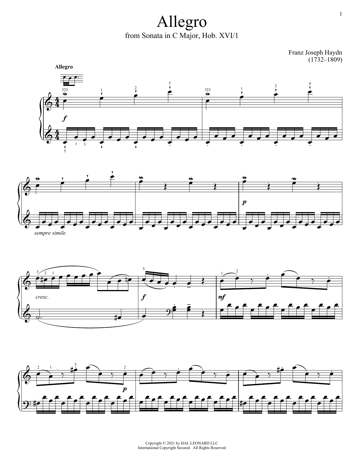 Franz Joseph Haydn Sonata In C Major, Hob. XVI: 1 sheet music notes and chords arranged for Piano Solo