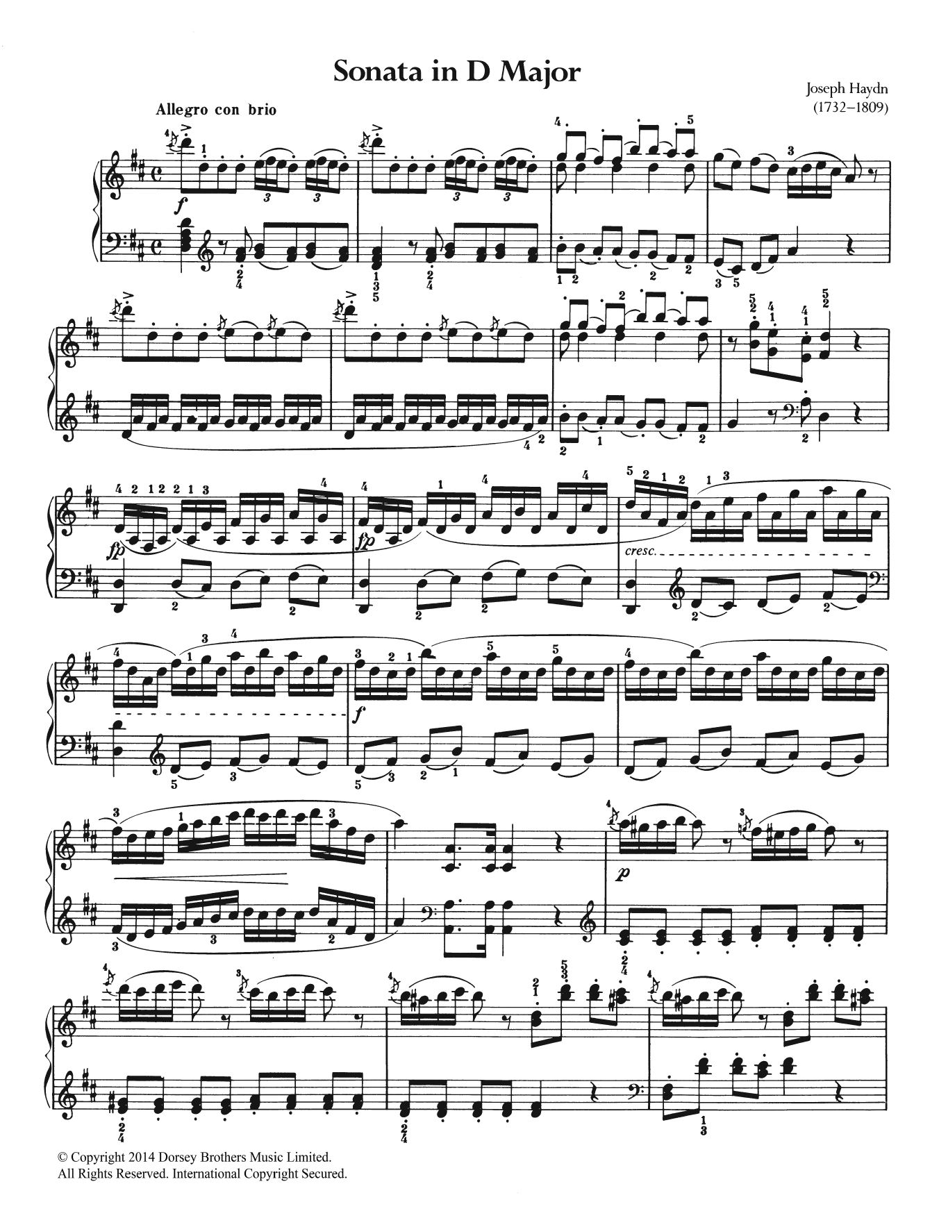 Franz Joseph Haydn Sonata In D Major sheet music notes and chords arranged for Piano Solo