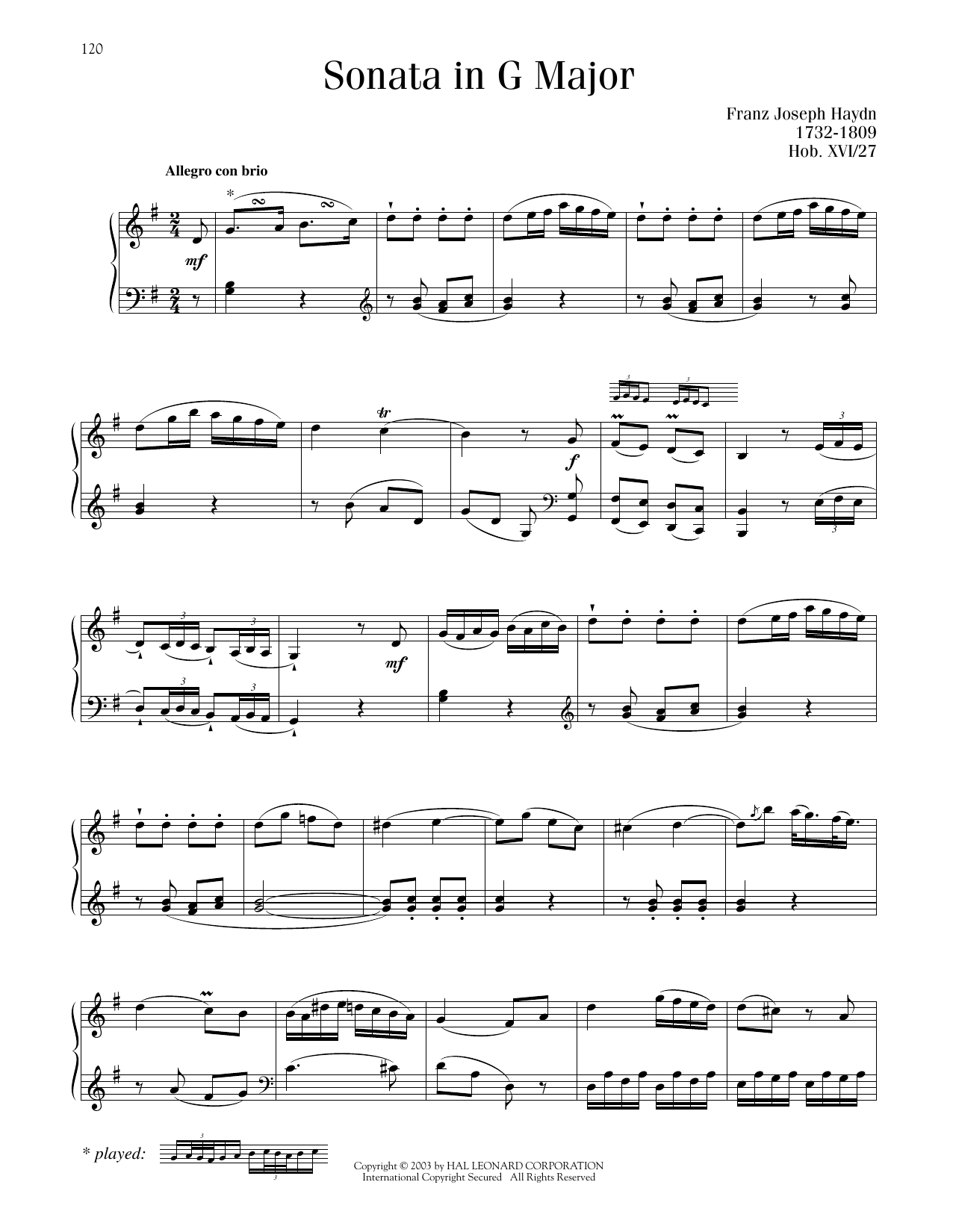 Franz Joseph Haydn Sonata In G Major, Hob. XVI: 27 sheet music notes and chords arranged for Piano Solo