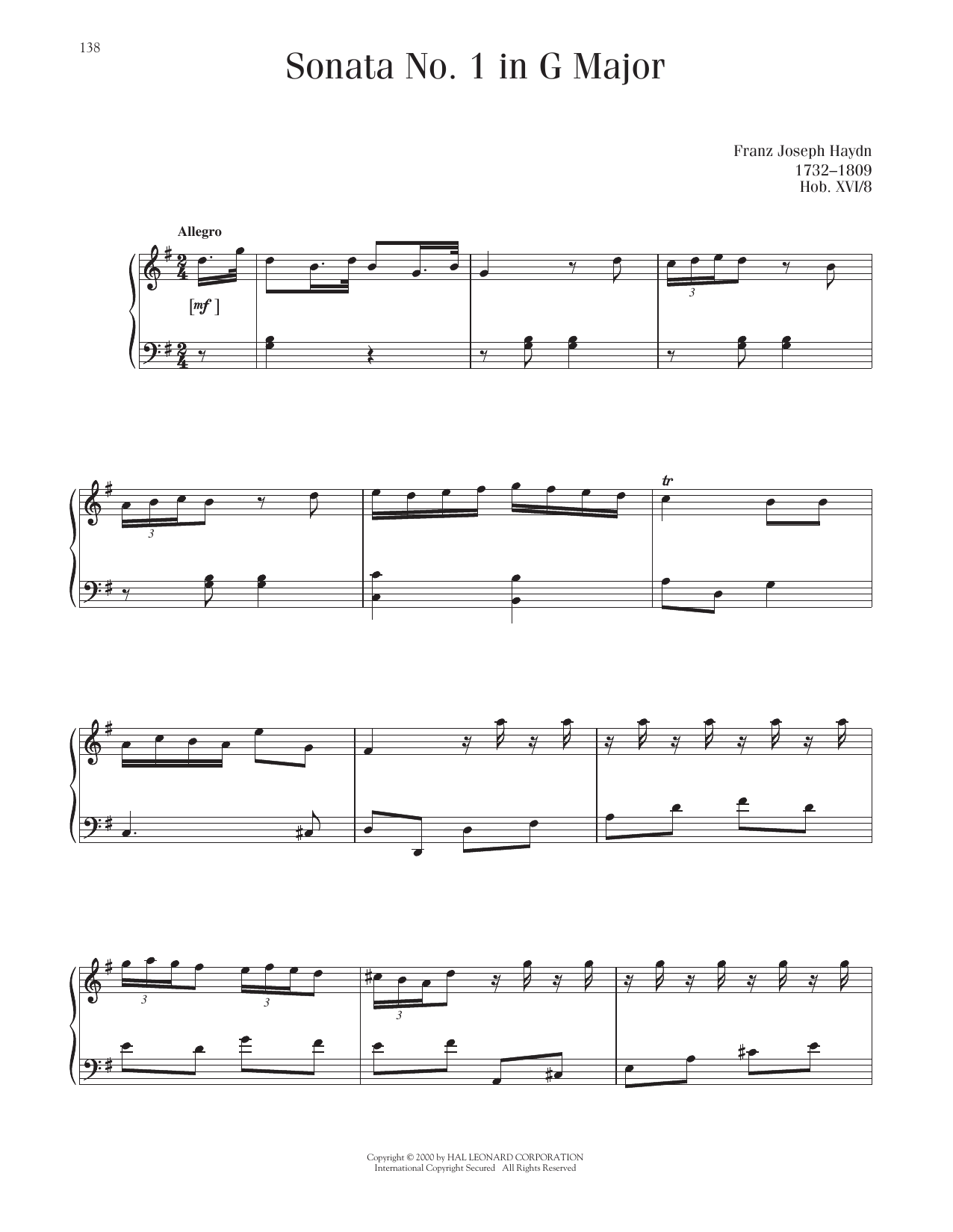 Franz Joseph Haydn Sonata In G Major, Hob. XVI: 8 sheet music notes and chords arranged for Piano Solo