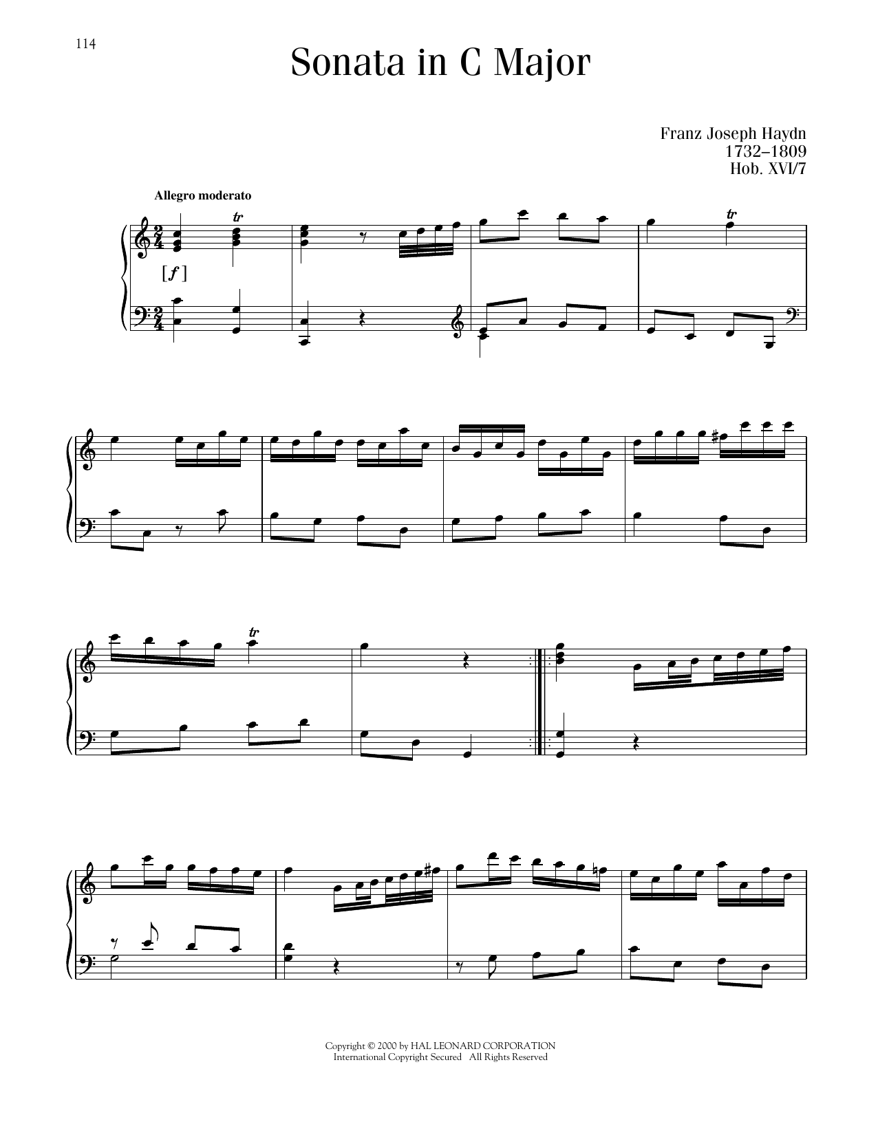 Franz Joseph Haydn Sonata No. 2 In C Major sheet music notes and chords arranged for Piano Solo
