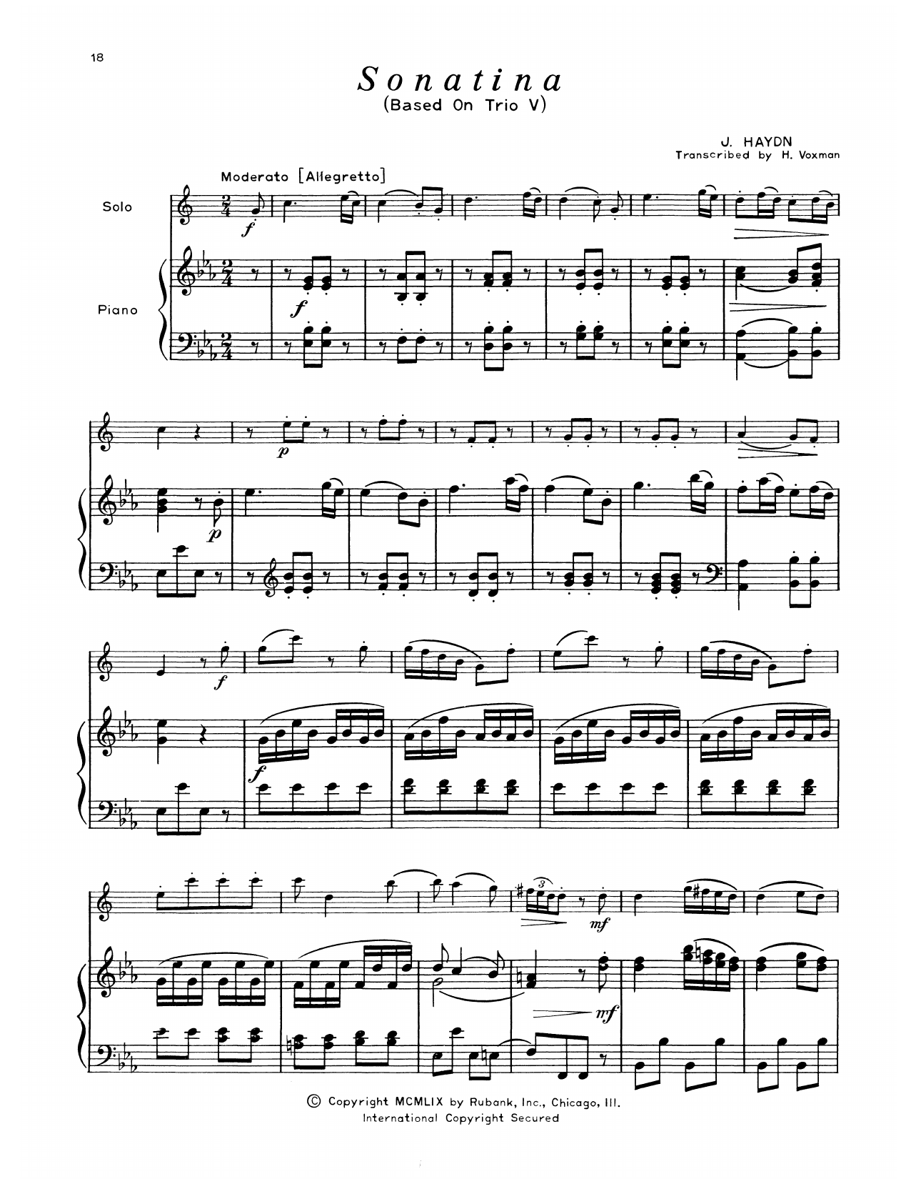 Franz Joseph Haydn Sonatina (Trio V) sheet music notes and chords arranged for Alto Sax and Piano