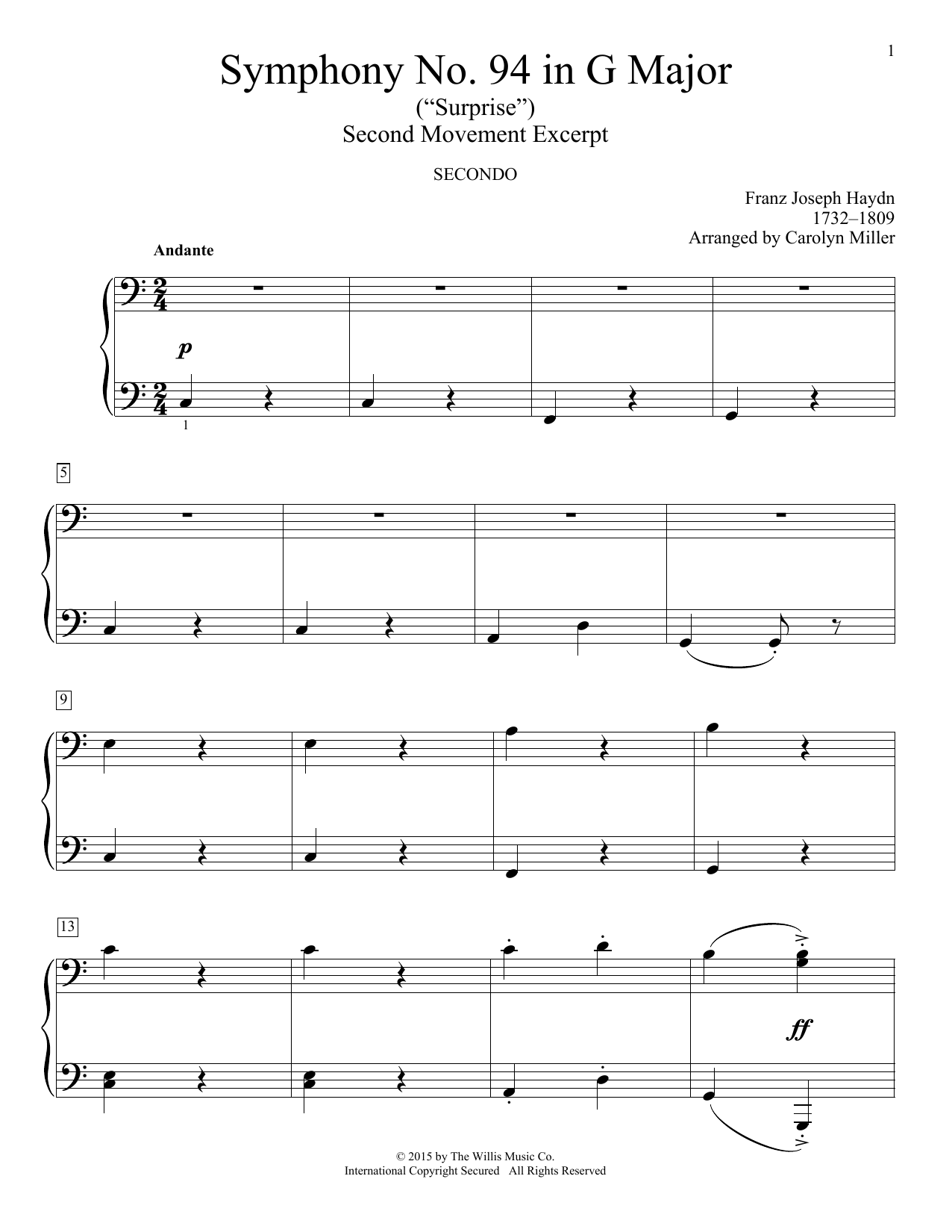 Franz Joseph Haydn Symphony No. 94 (Surprise), 2nd Mvmt. Excerpt (arr. Carolyn Miller) sheet music notes and chords arranged for Piano Duet