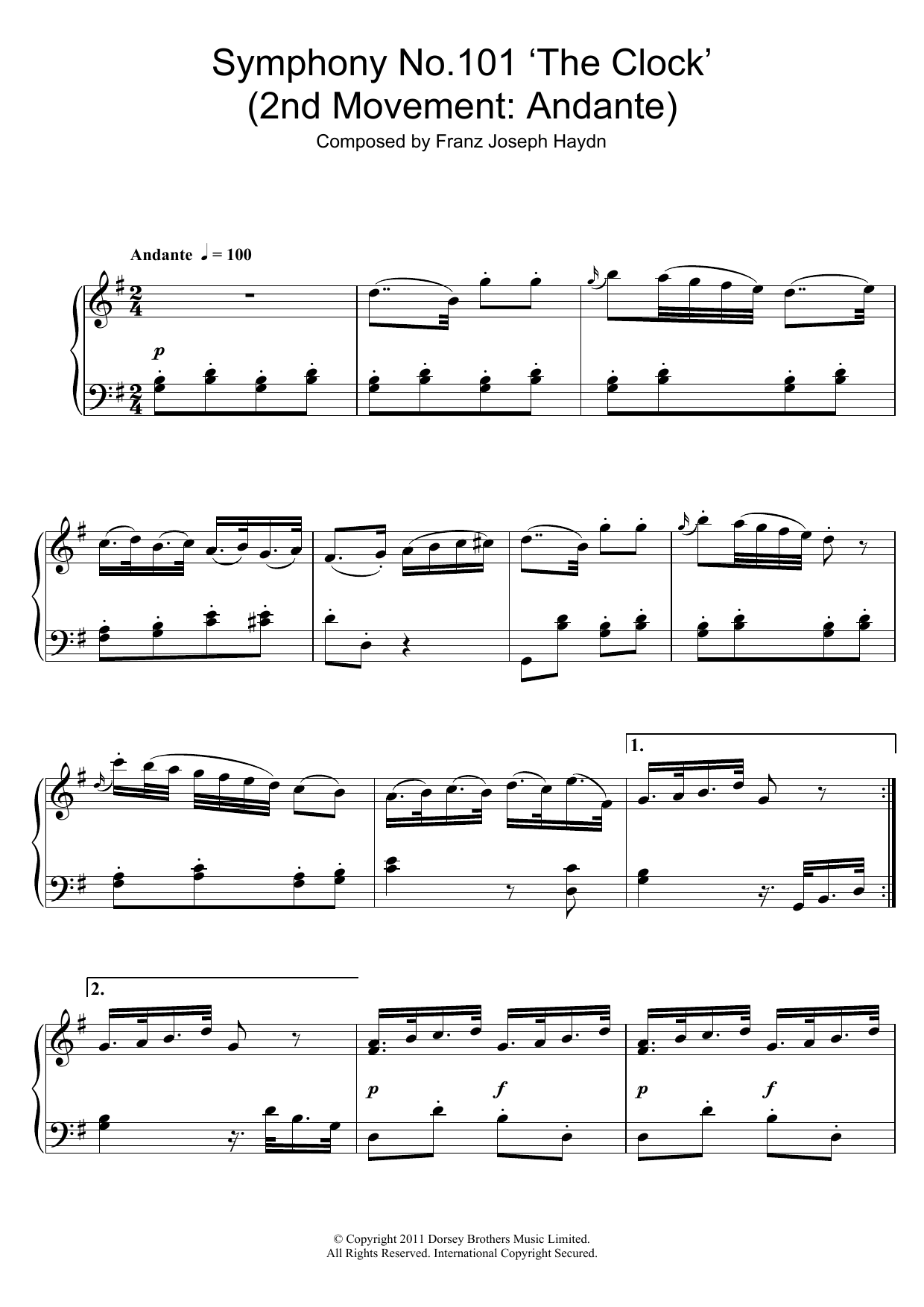 Franz Joseph Haydn Symphony No.101 'The Clock' (2nd Movement: Andante) sheet music notes and chords arranged for Piano Solo