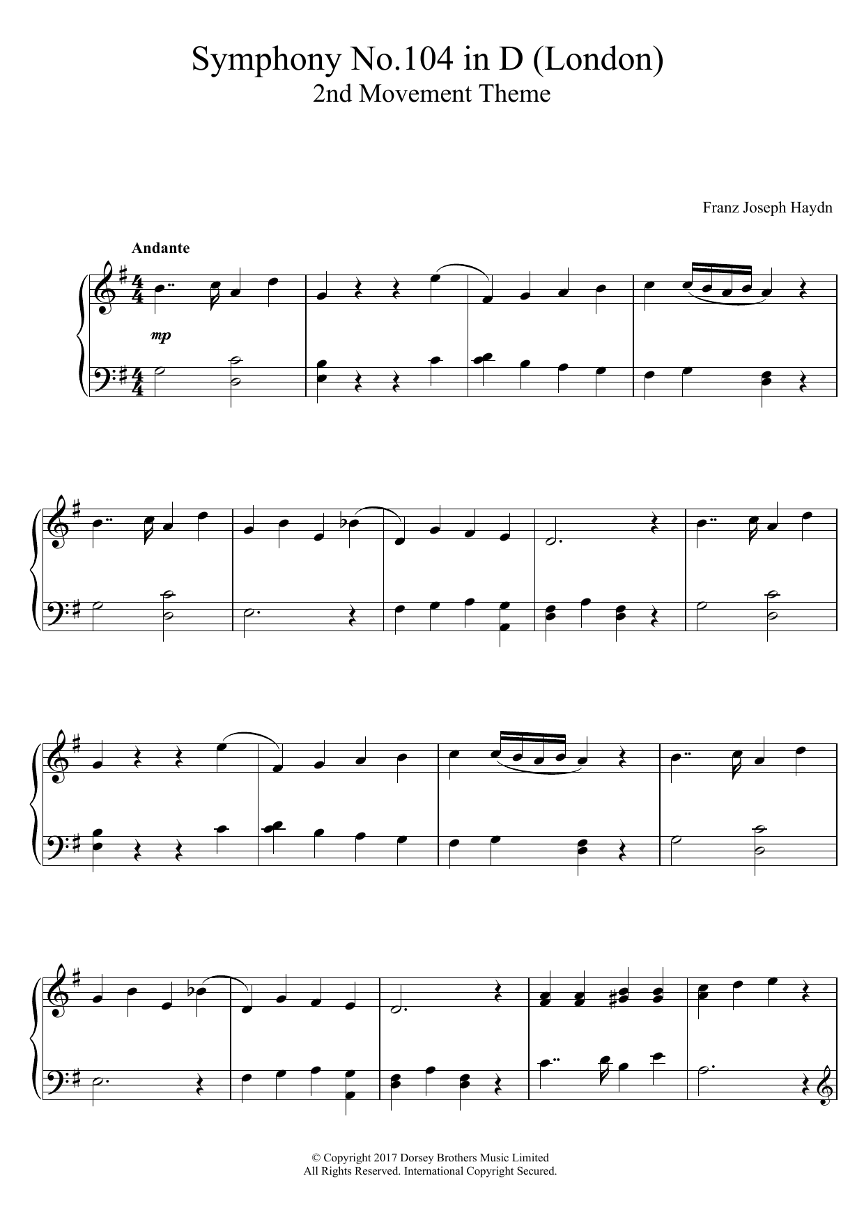 Franz Joseph Haydn Symphony No.104 in D (London) 2nd Movement Theme sheet music notes and chords arranged for Easy Piano