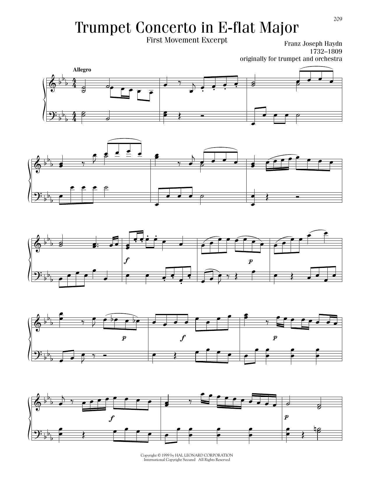 Franz Joseph Haydn Trumpet Concerto in E-flat Major, First Movement Excerpt sheet music notes and chords arranged for Piano Solo