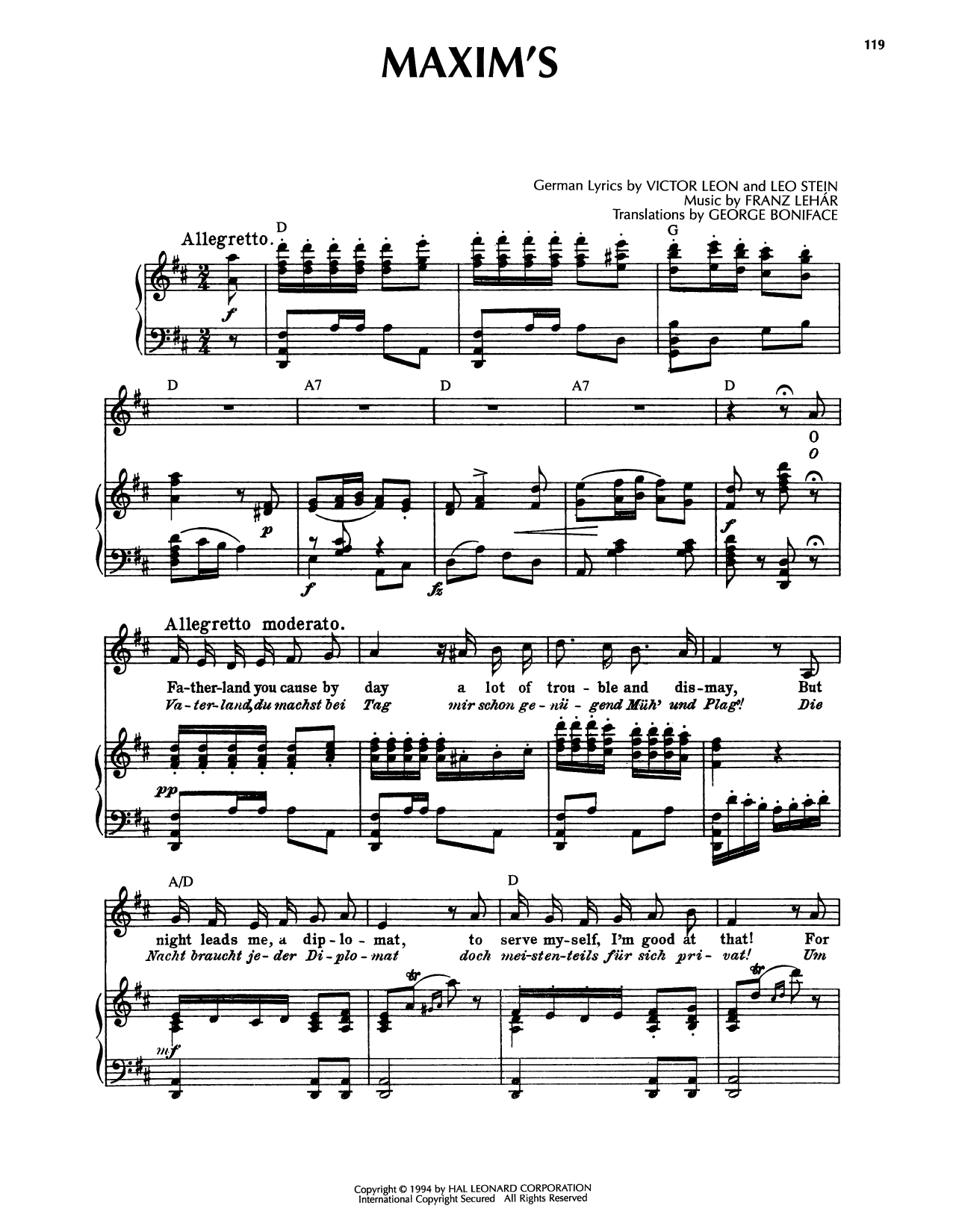 Franz Lehar Maxim's sheet music notes and chords arranged for Piano, Vocal & Guitar Chords (Right-Hand Melody)