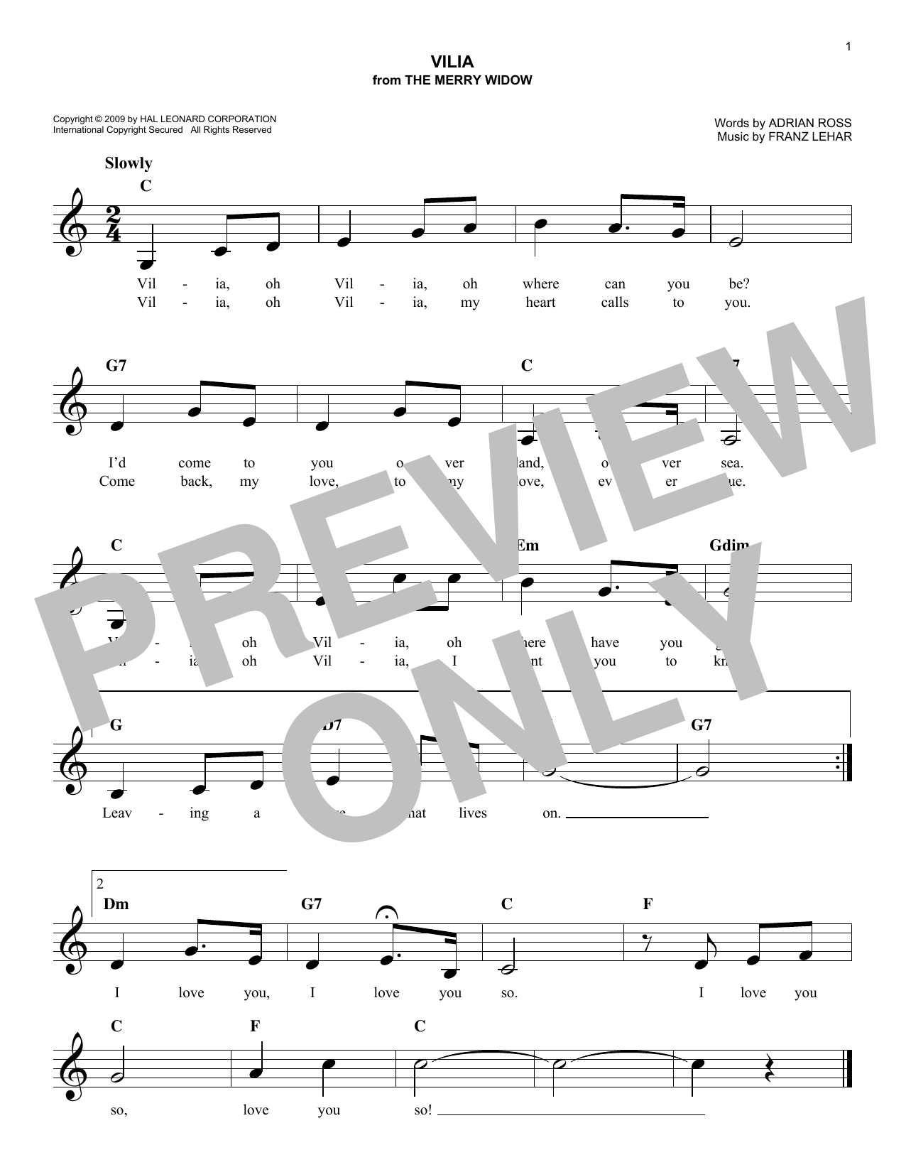 Franz Lehar Vilia sheet music notes and chords arranged for Lead Sheet / Fake Book