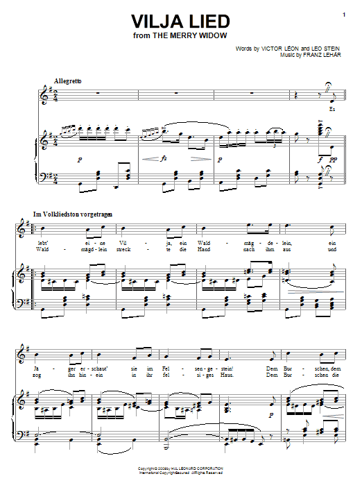 Franz Lehar Vilja Lied sheet music notes and chords arranged for Piano & Vocal