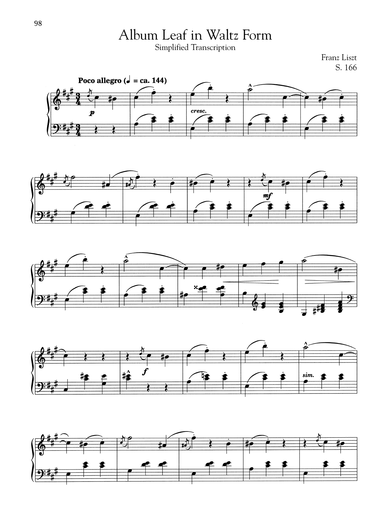 Franz Liszt Album Leaf In Waltz Form (Simplified) sheet music notes and chords arranged for Piano Solo