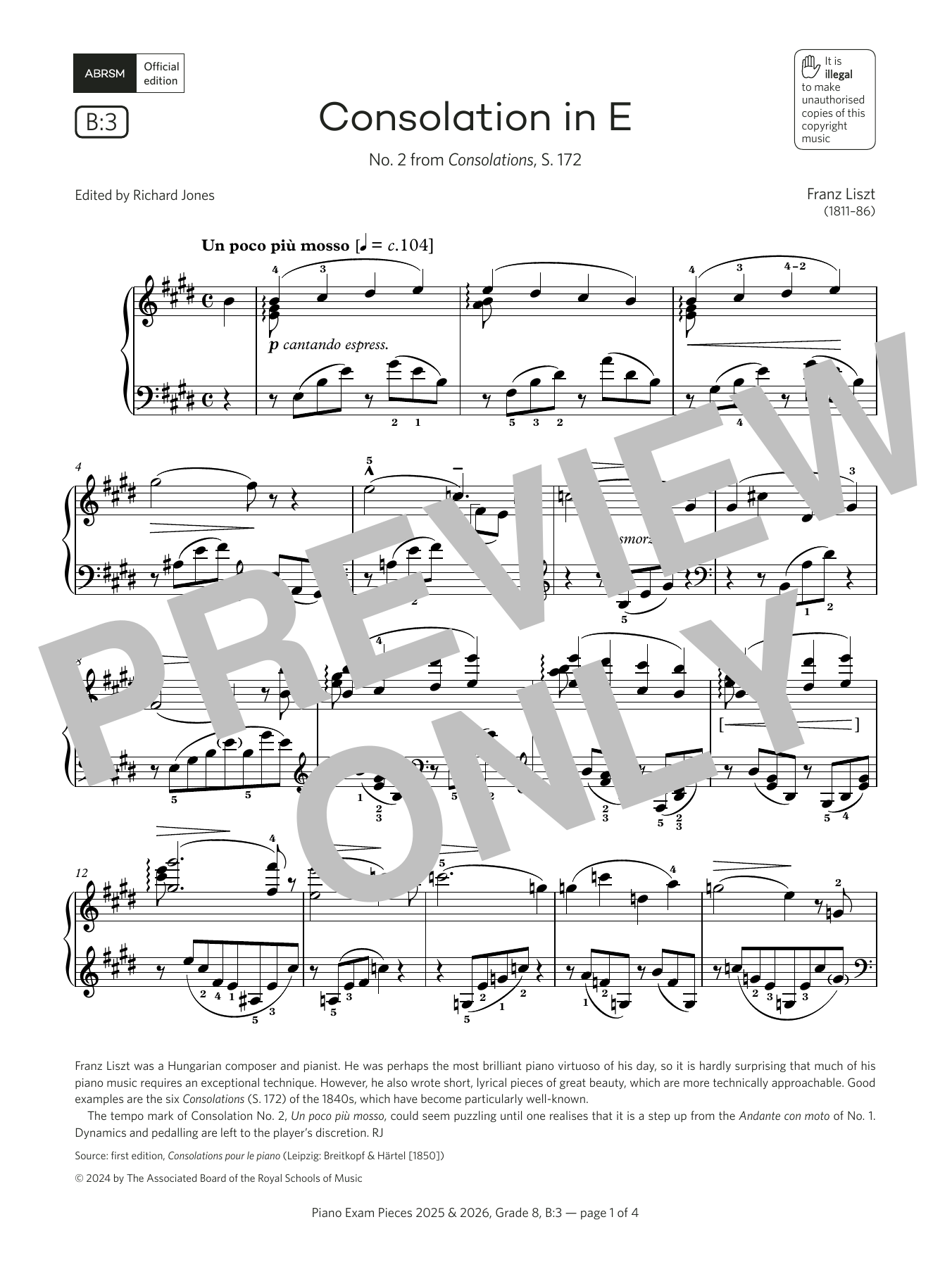 Franz Liszt Consolation in E (Grade 8, list B3, from the ABRSM Piano Syllabus 2025 & 2026) sheet music notes and chords arranged for Piano Solo