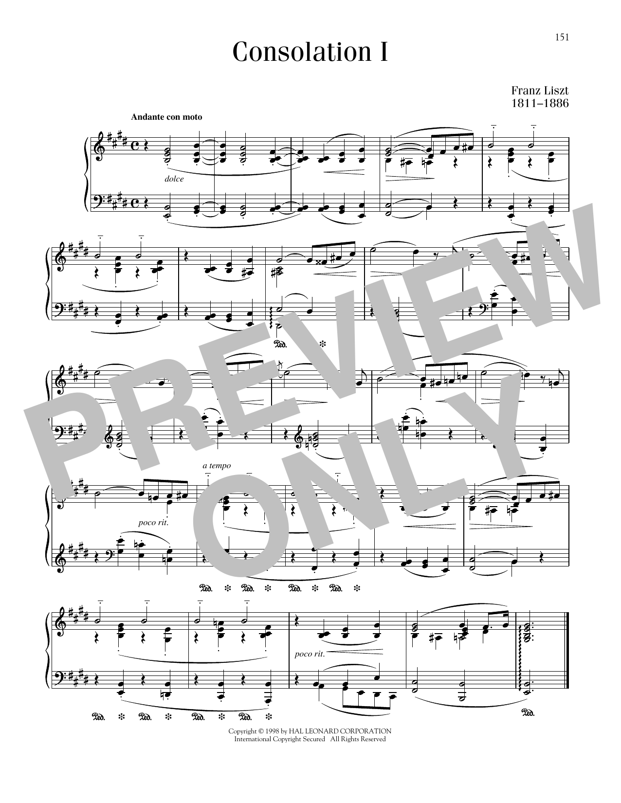 Franz Liszt Consolation No. 1 In E Major sheet music notes and chords arranged for Piano Solo