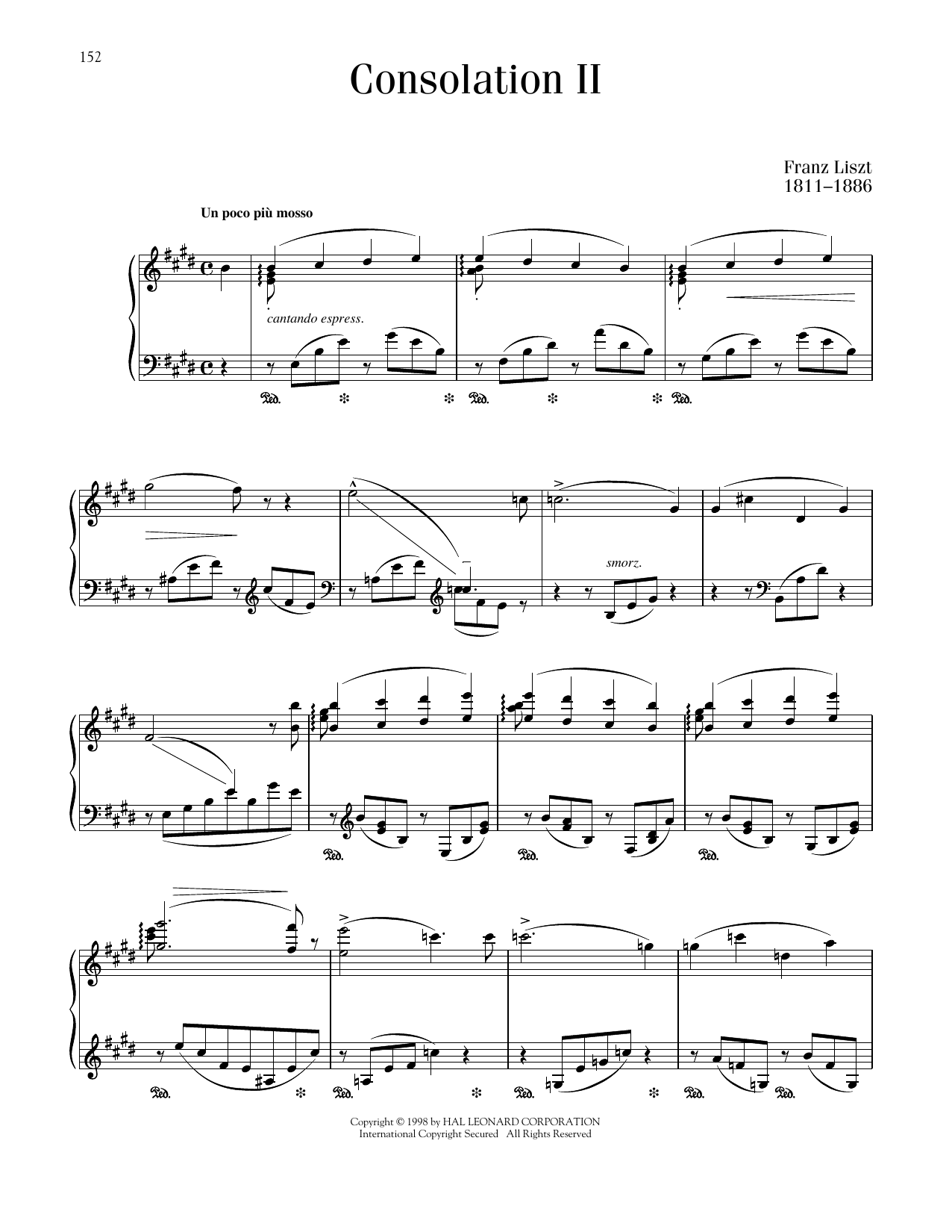 Franz Liszt Consolation No. 2 In E Major sheet music notes and chords arranged for Piano Solo