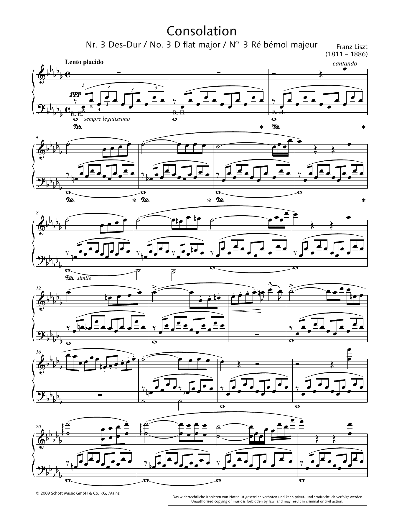Franz Liszt Consolation No. 3 In D-Flat Major sheet music notes and chords arranged for Piano Solo