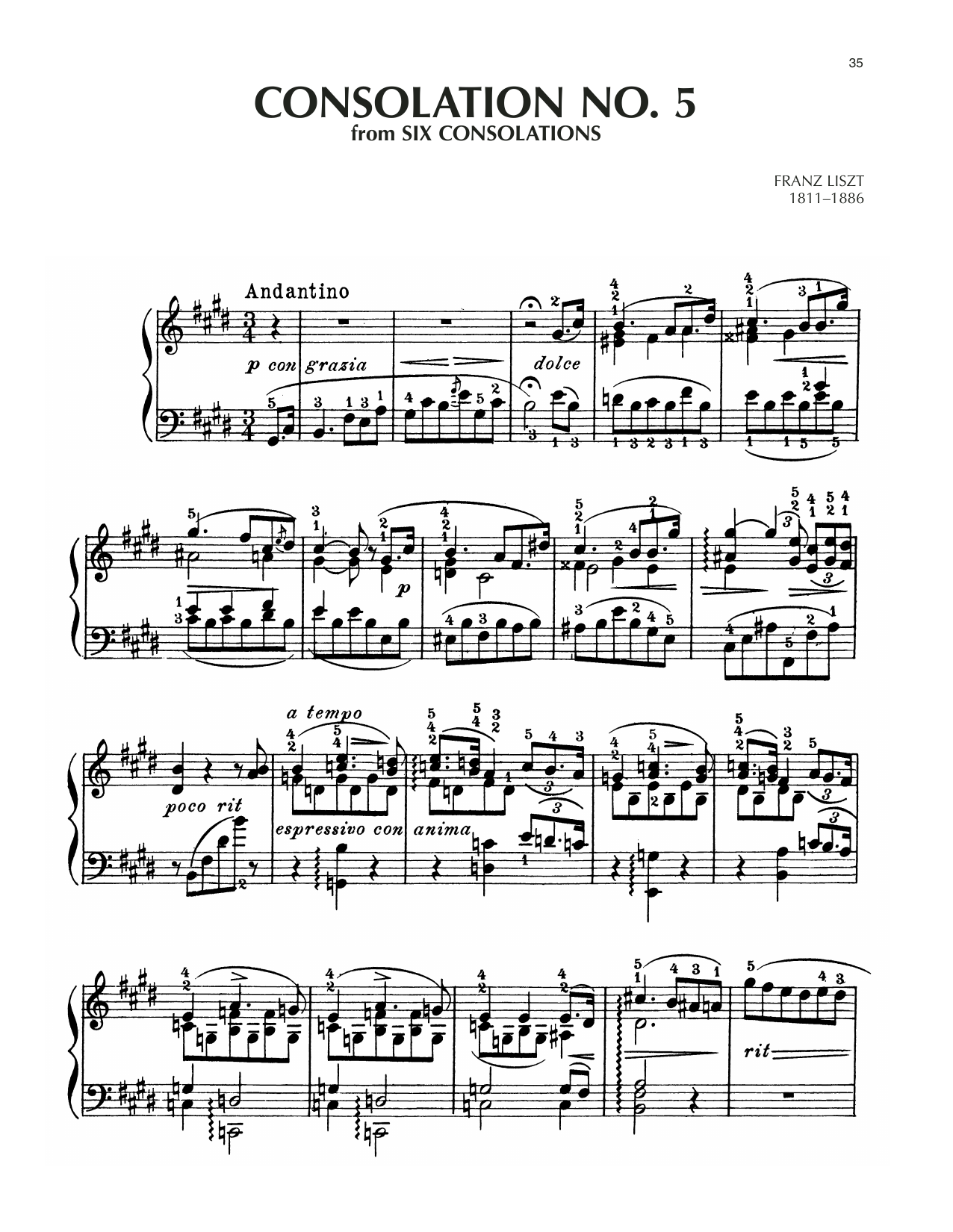 Franz Liszt Consolation No. 5 In E Major sheet music notes and chords arranged for Piano Solo