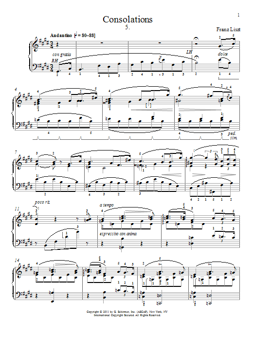 Franz Liszt Consolation No. 5 sheet music notes and chords arranged for Piano Solo