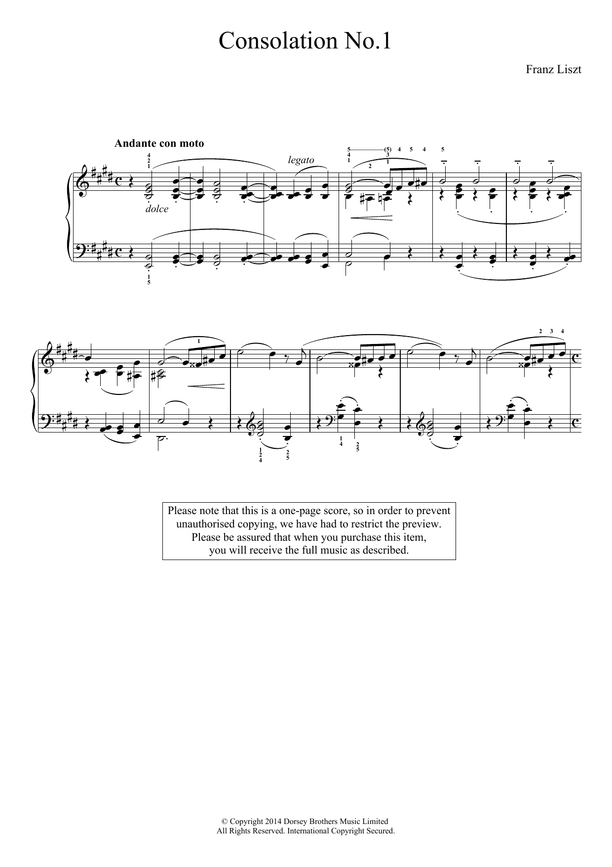 Franz Liszt Consolation No.1 sheet music notes and chords arranged for Piano Solo