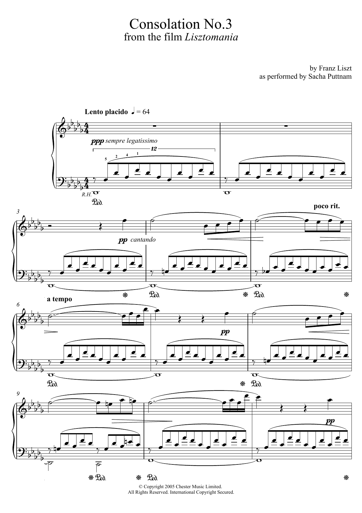 Franz Liszt Consolation No.3 In D Flat (as performed by Sacha Puttnam) sheet music notes and chords arranged for Piano Solo