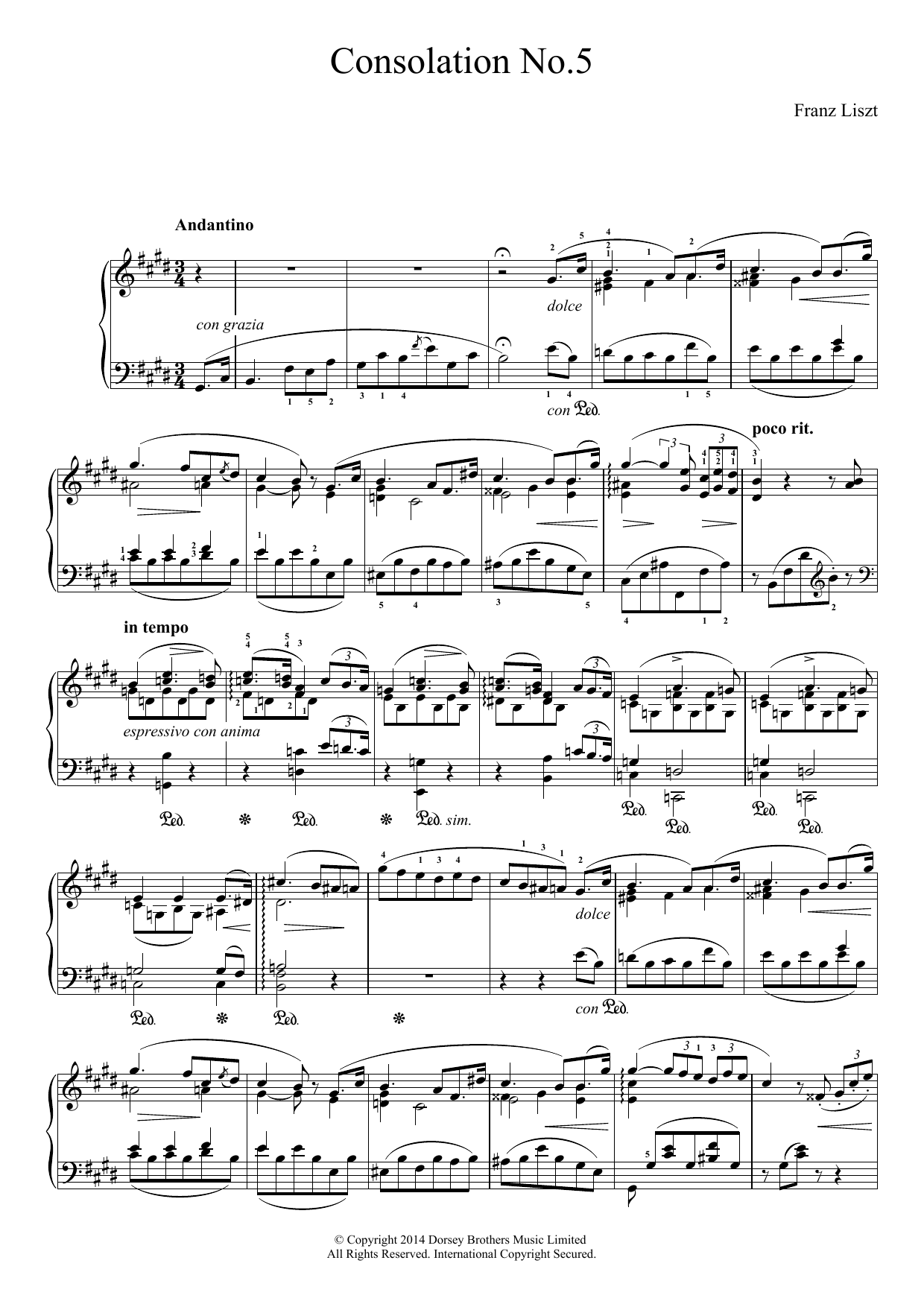 Franz Liszt Consolation No.5 sheet music notes and chords arranged for Piano Solo