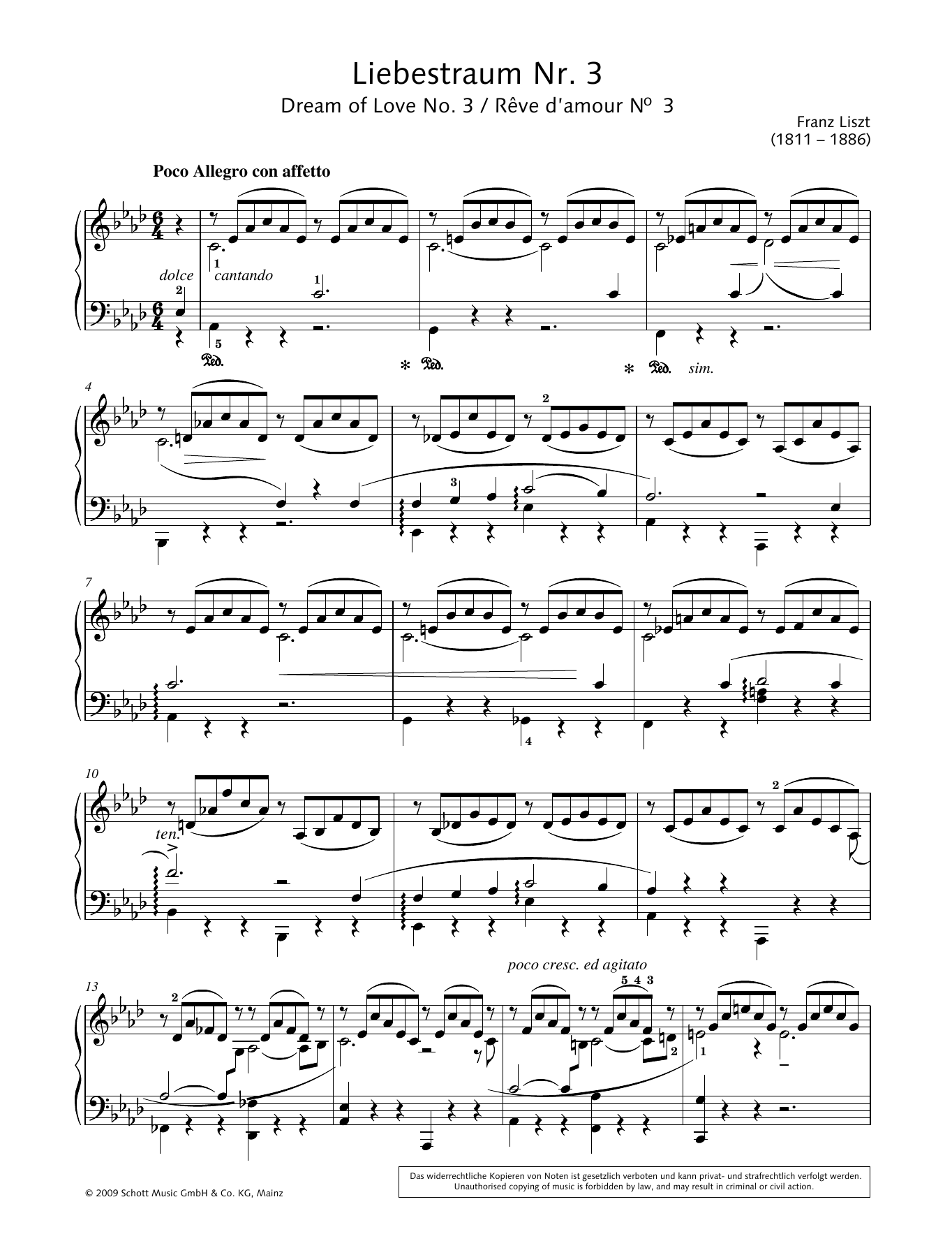 Franz Liszt Dream of Love No. 3 in A-flat major sheet music notes and chords arranged for Piano Solo
