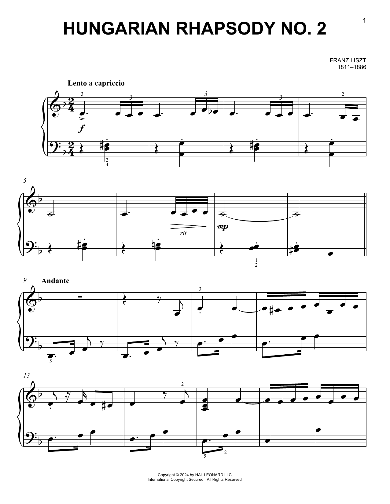 Franz Liszt Hungarian Rhapsody No. 2 sheet music notes and chords arranged for Easy Piano