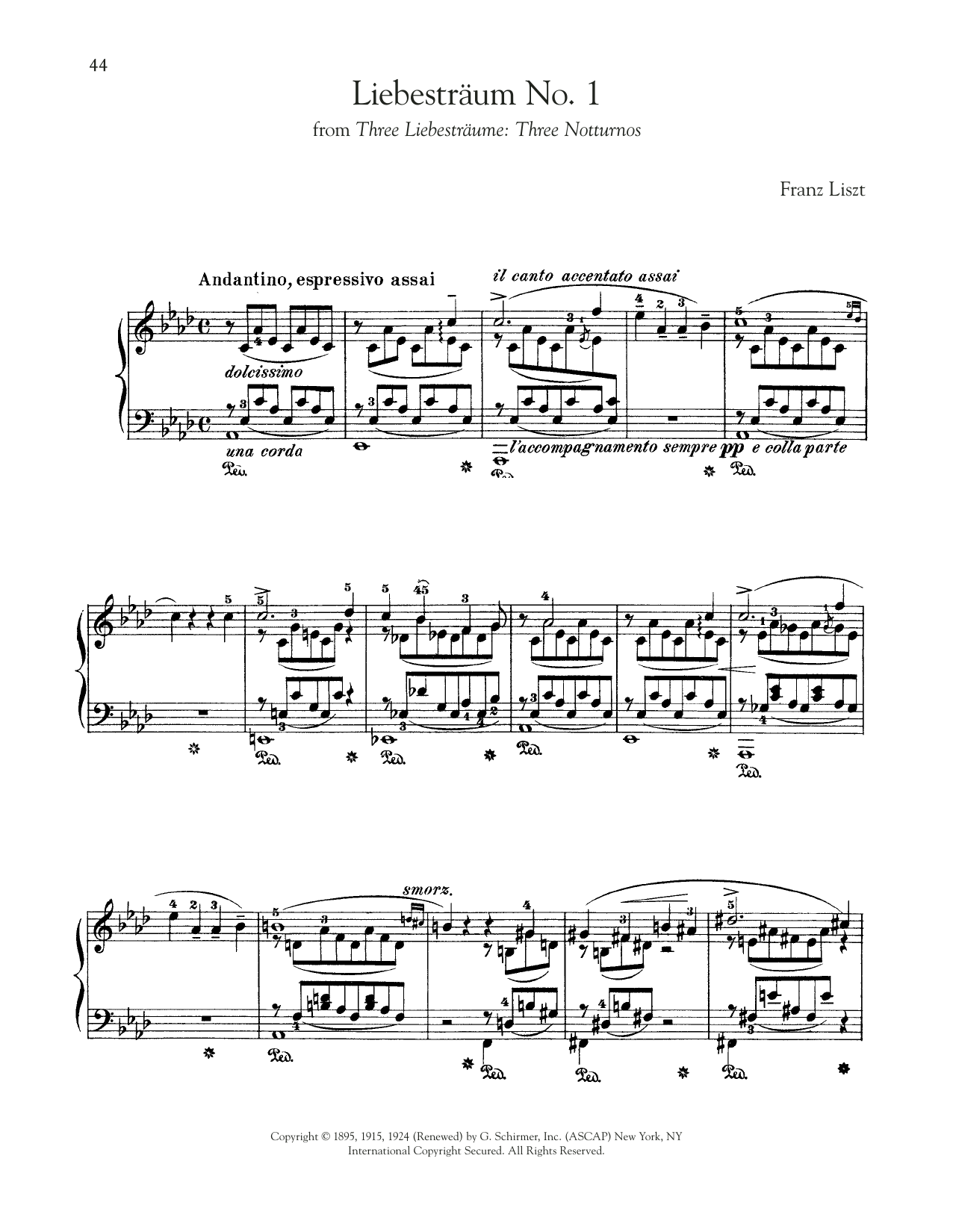 Franz Liszt Liebestraum No. 1 In A-Flat Major sheet music notes and chords arranged for Piano Solo