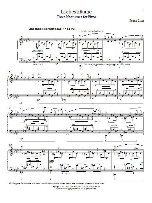 Franz Liszt Liebestraume No. 1 sheet music notes and chords arranged for Piano Solo