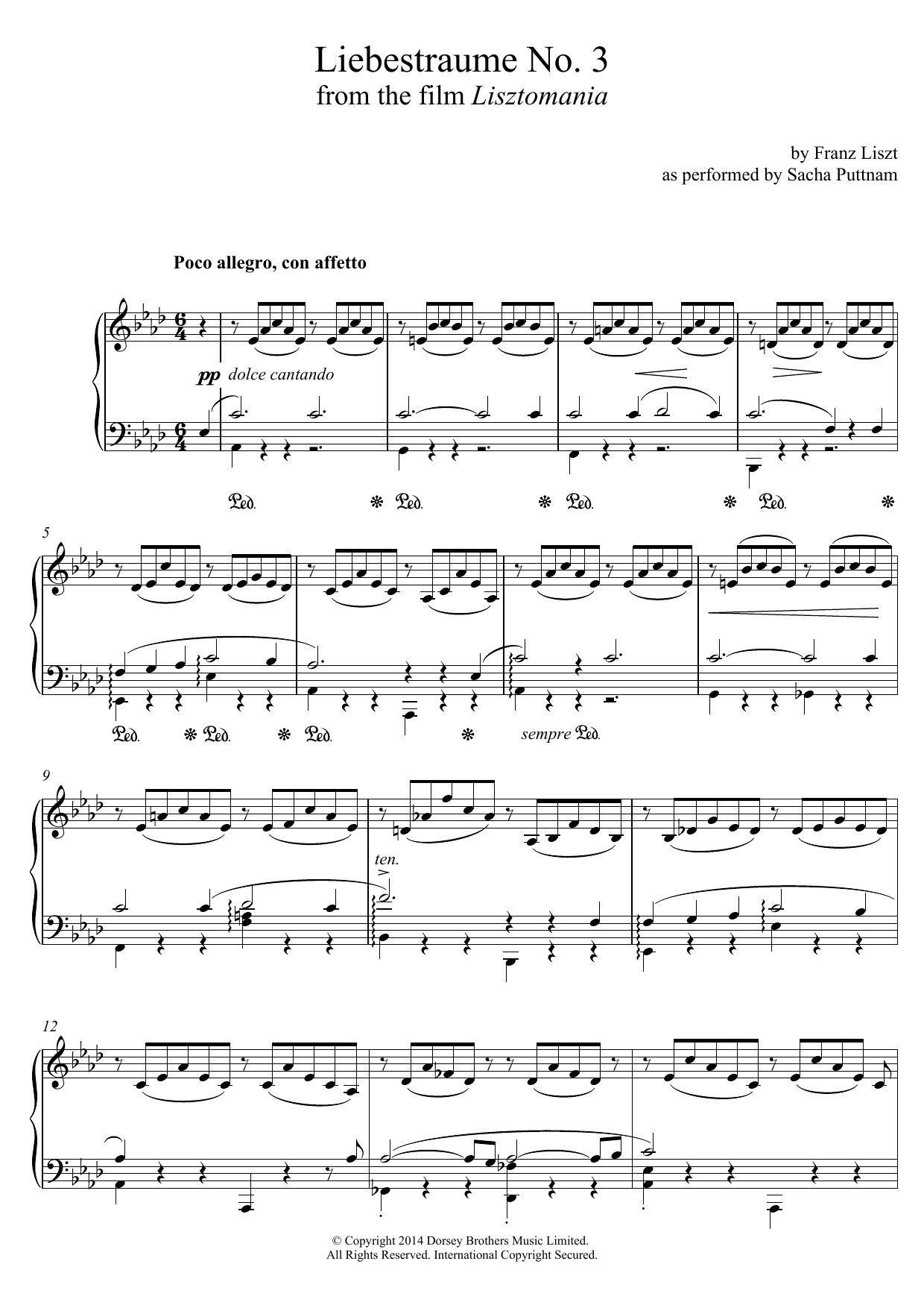 Franz Liszt Liebestraume: Notturno No.3 In A Flat: O Lieb, So Lang Du Lieben... (as performed by Sacha Puttnam) sheet music notes and chords arranged for Piano Solo