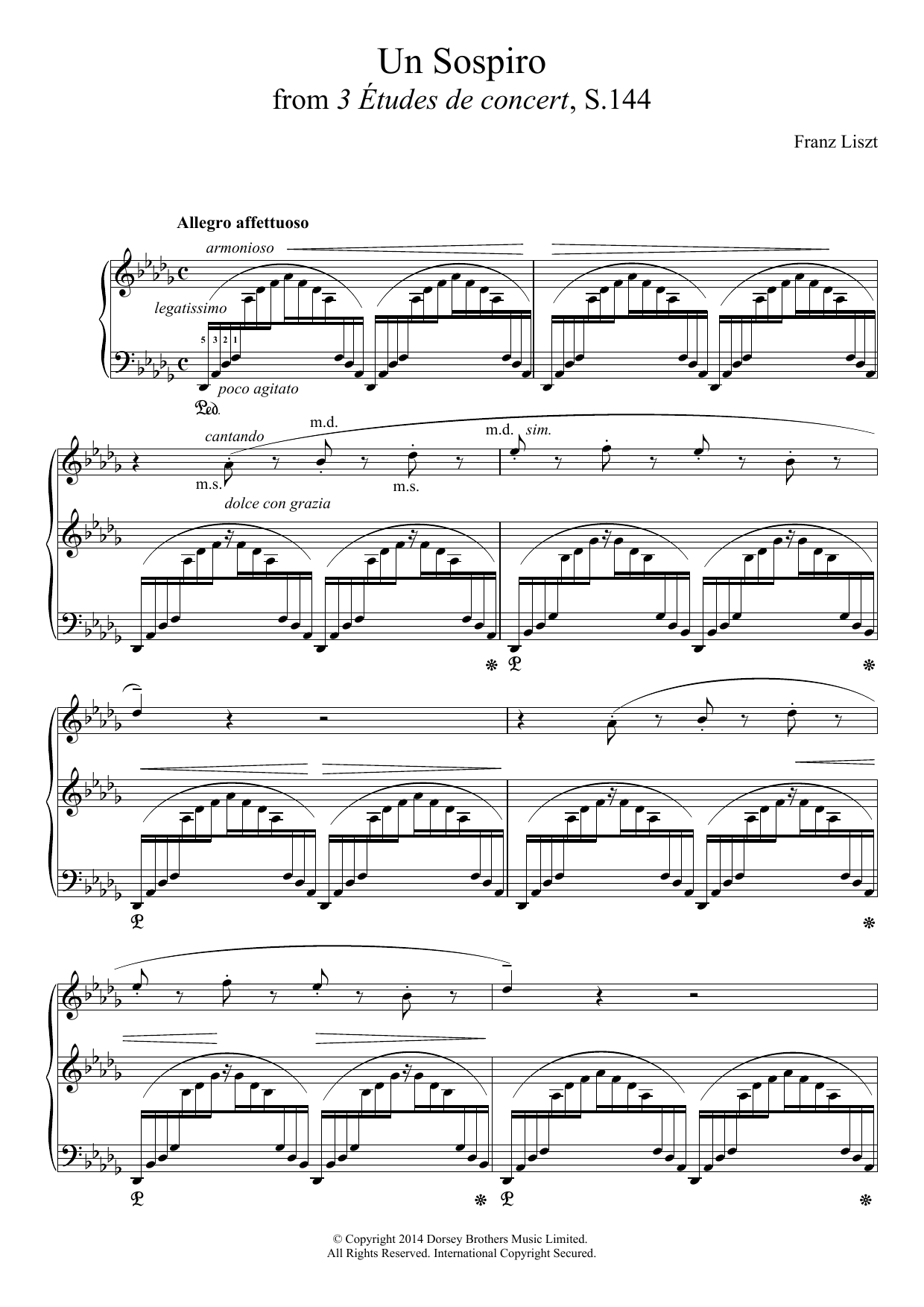 Franz Liszt Un Sospiro, For Piano In D Flat Major (grande Études De Concert No. 3) sheet music notes and chords arranged for Piano Solo