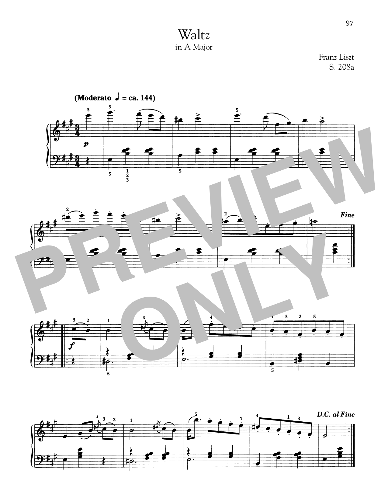 Franz Liszt Waltz In A Major, S. 208a sheet music notes and chords arranged for Piano Solo