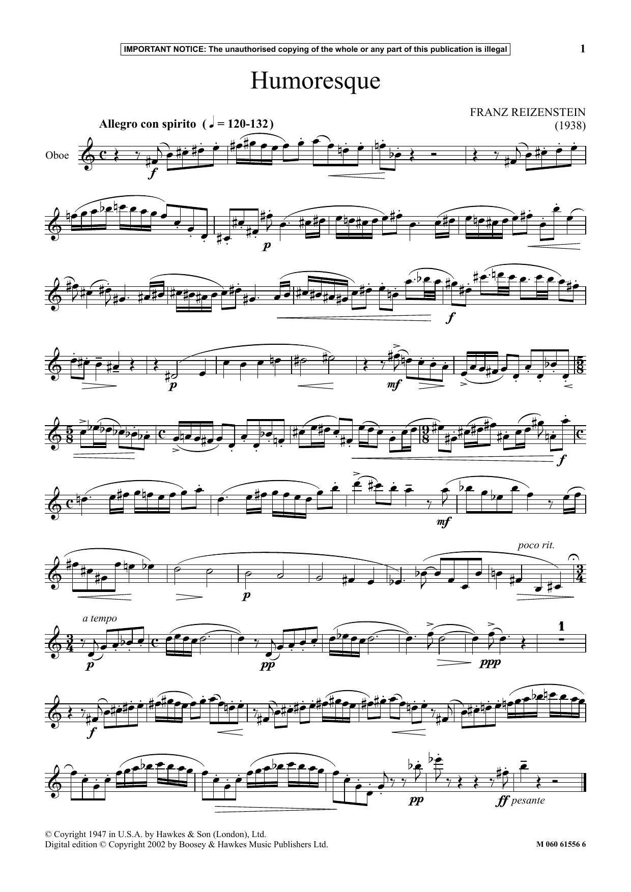 Franz Reizenstein Humoresque sheet music notes and chords arranged for Instrumental Solo