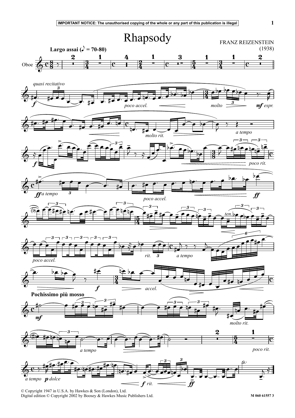 Franz Reizenstein Rhapsody sheet music notes and chords arranged for Instrumental Solo