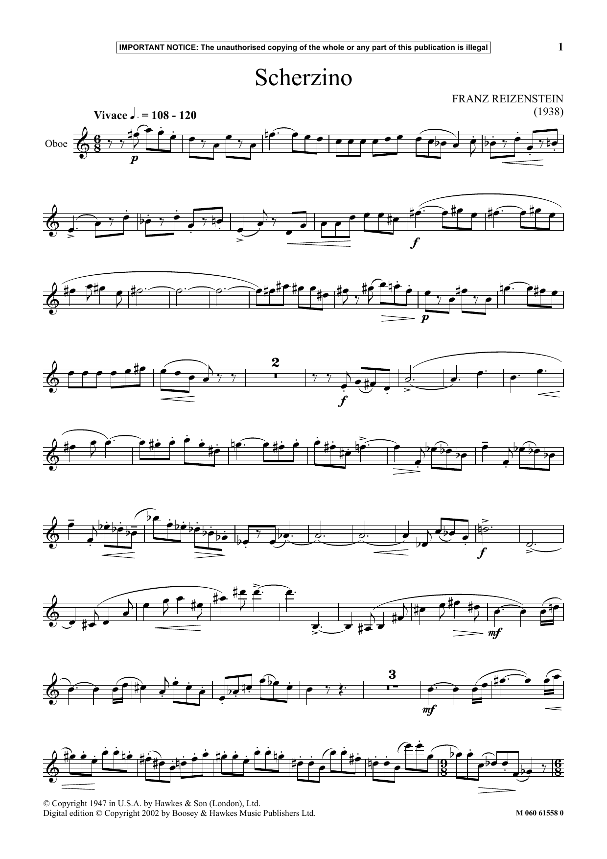 Franz Reizenstein Scherzino sheet music notes and chords arranged for Instrumental Solo