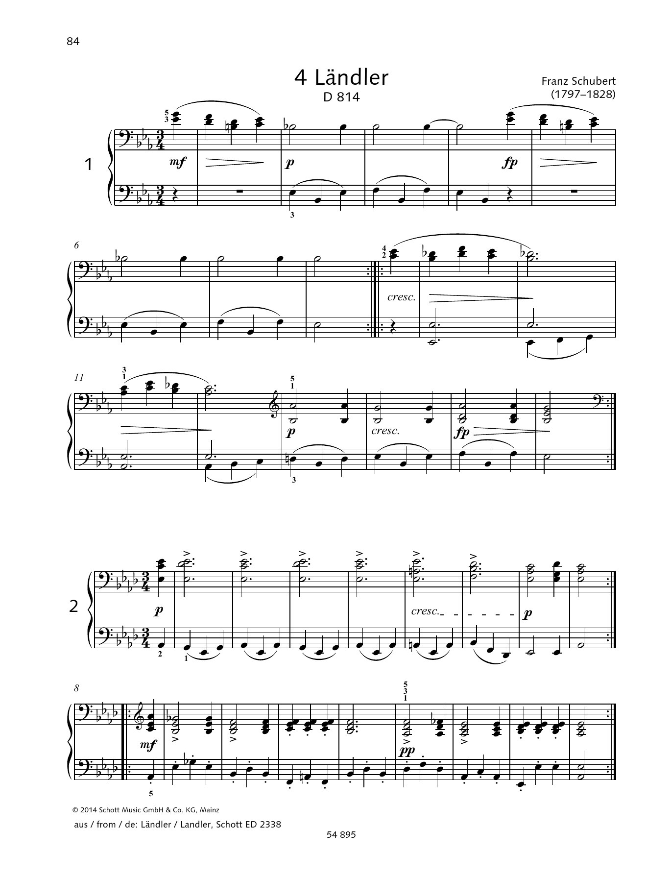 Franz Schubert 4 Landler sheet music notes and chords arranged for Piano Duet