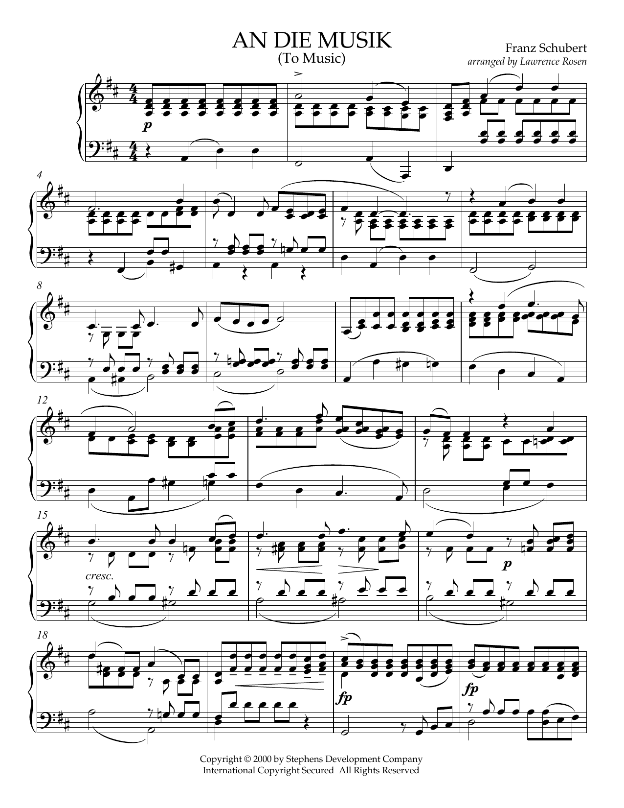 Franz Schubert An Die Musik (To Music) (arr. Lawrence Rosen) sheet music notes and chords arranged for Piano Solo