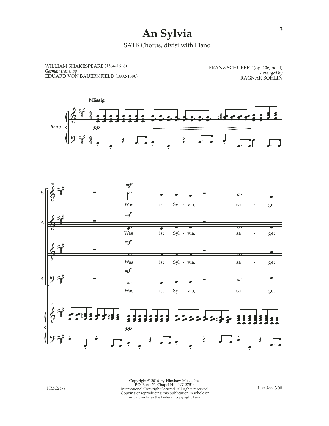 Franz Schubert An Sylvia (op. 106, No. 4) (arr. Ragnar Bohlin) sheet music notes and chords arranged for SATB Choir