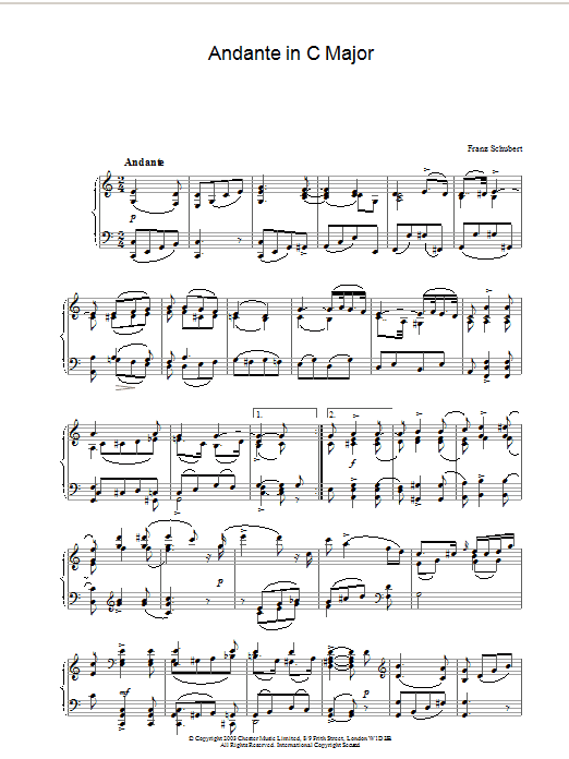 Franz Schubert Andante in C Major sheet music notes and chords arranged for Piano Solo