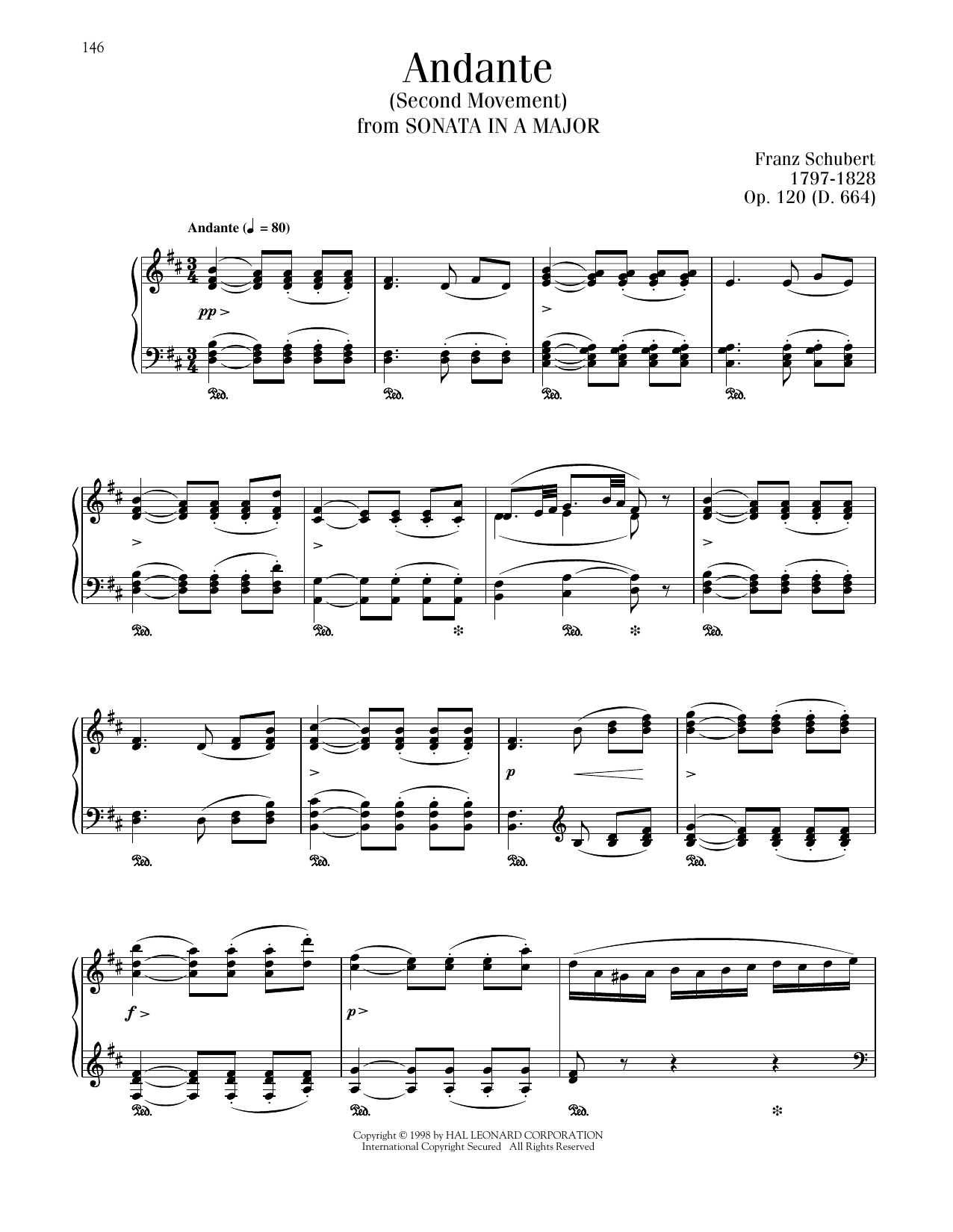 Franz Schubert Andante, Op. 120, D. 664, Second Movement sheet music notes and chords arranged for Piano Solo