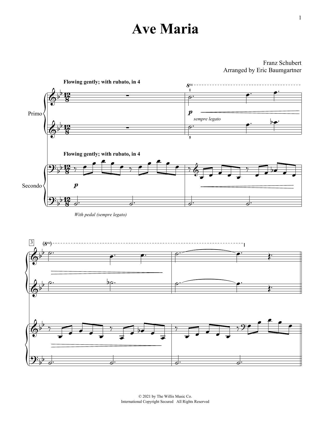 Franz Schubert Ave Maria (arr. Eric Baumgartner) sheet music notes and chords arranged for Piano Duet
