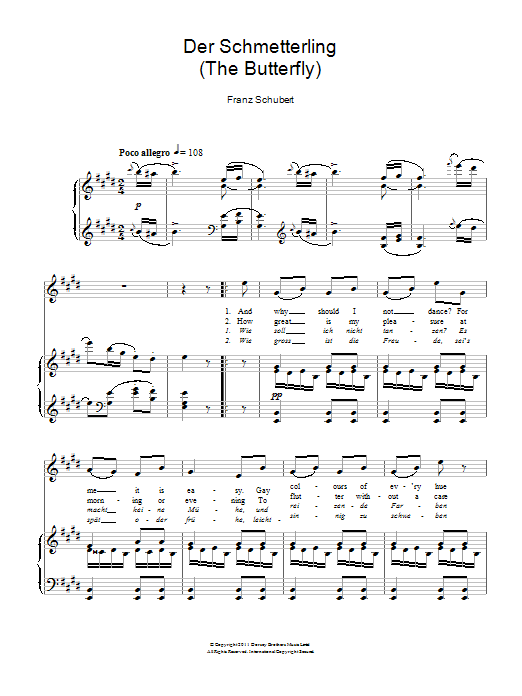Franz Schubert Der Schmetterling (The Butterfly) sheet music notes and chords arranged for Piano & Vocal