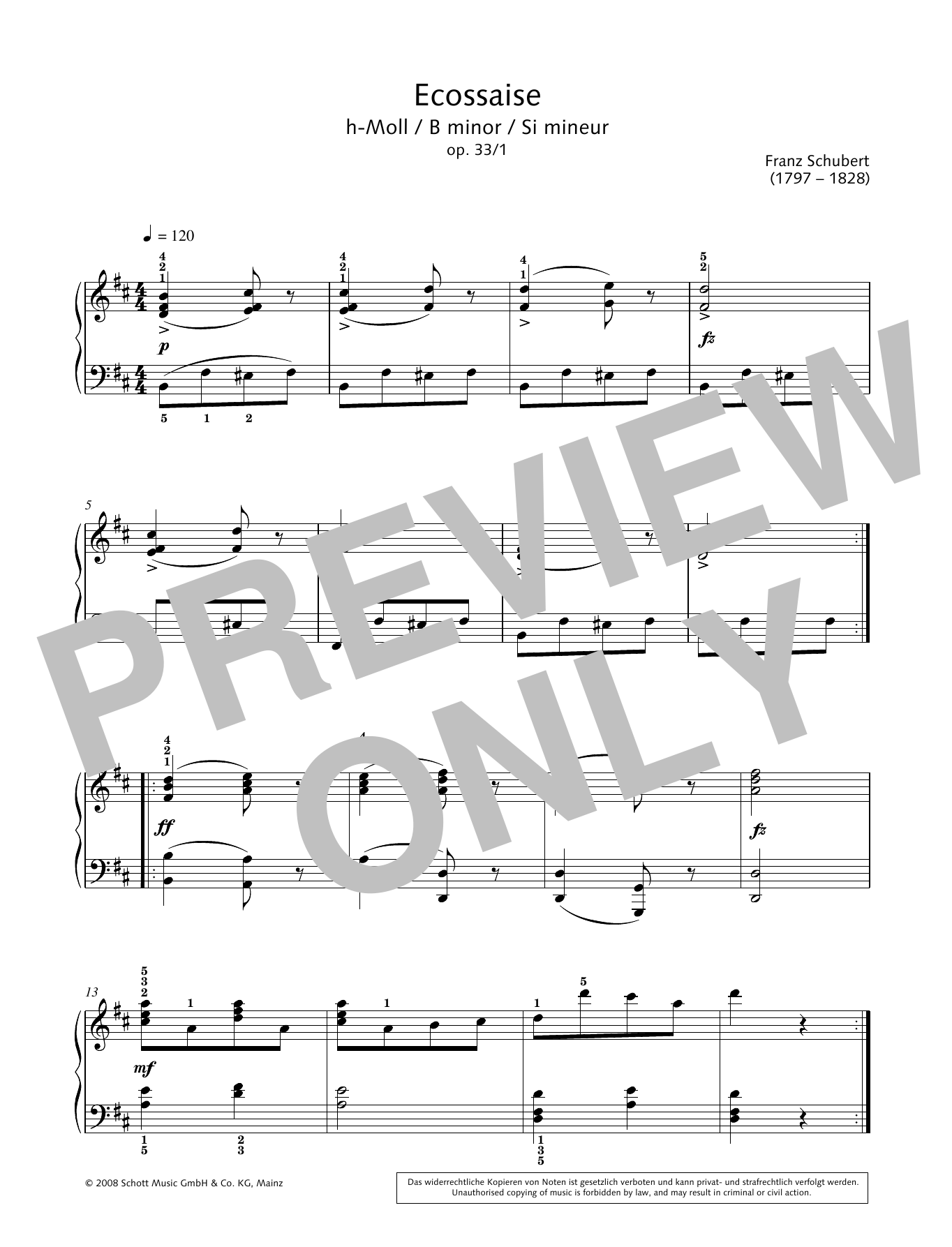 Franz Schubert Ecossaise in B minor sheet music notes and chords arranged for Piano Solo