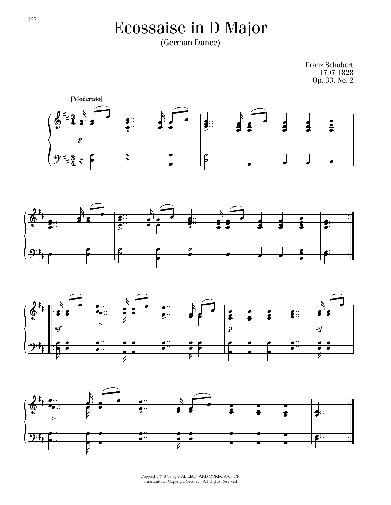 Franz Schubert Ecossaise in D Major, Op. 33, No. 2 (German Dance) sheet music notes and chords arranged for Piano Solo
