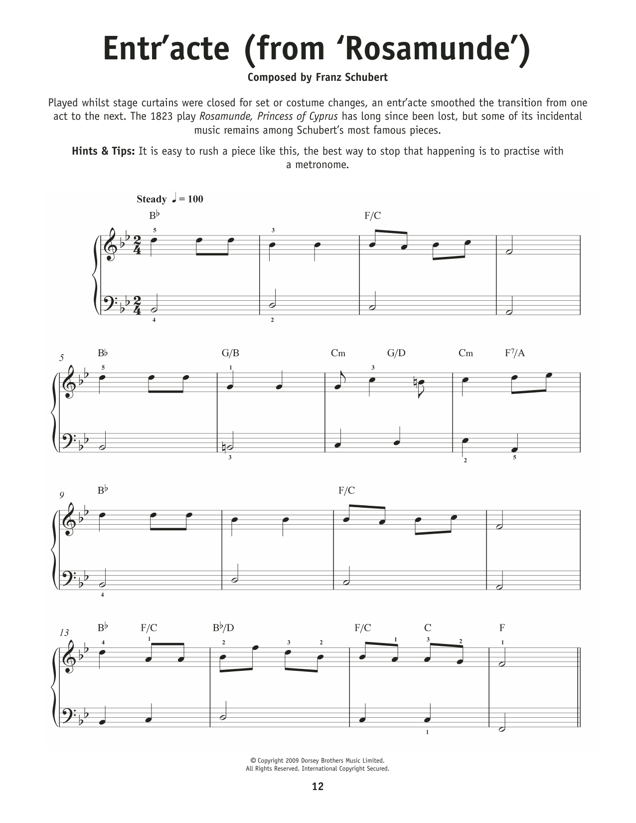 Franz Schubert Entr'acte From Rosamunde, Op. 26 sheet music notes and chords arranged for Really Easy Piano
