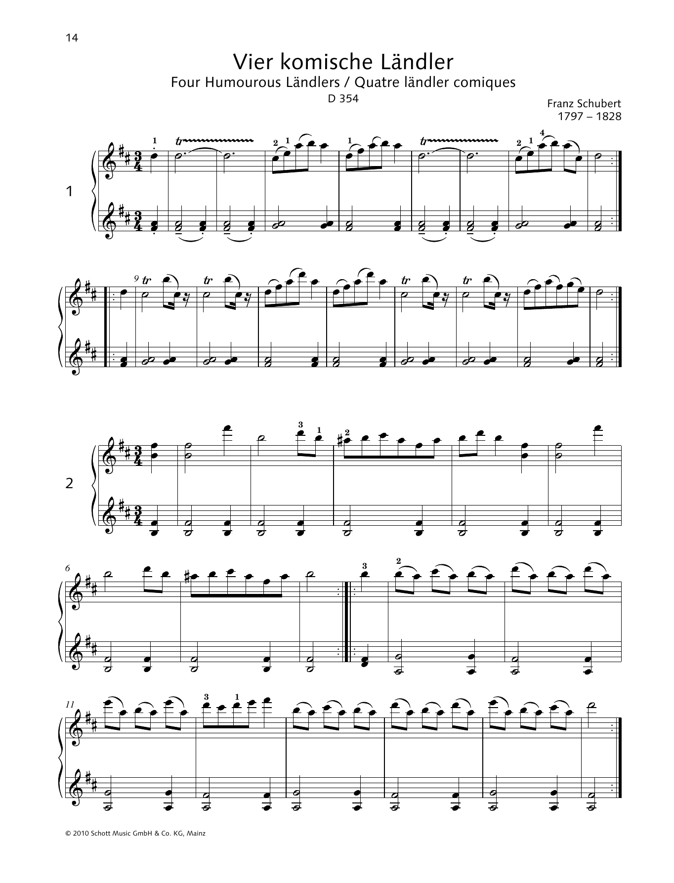Franz Schubert Four Humourous Ländlers sheet music notes and chords arranged for Piano Solo