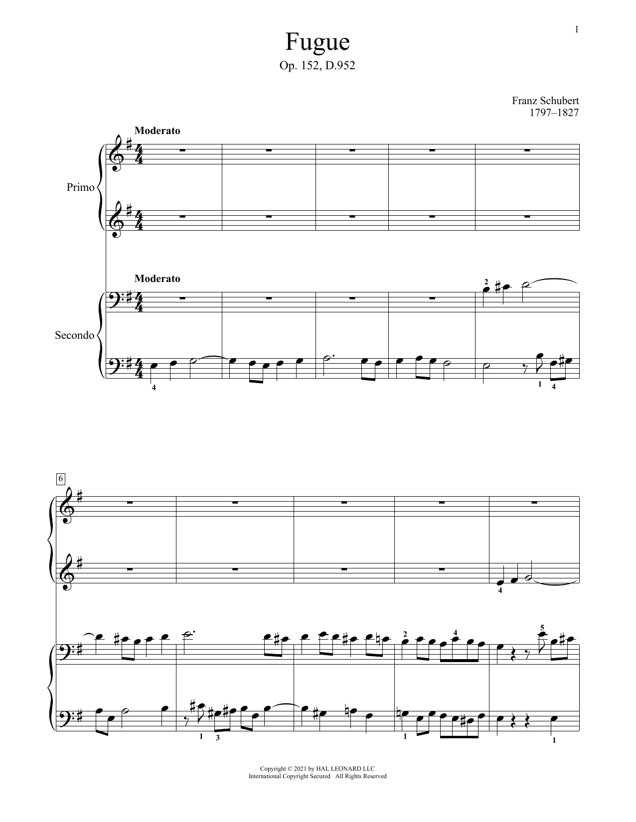 Franz Schubert Fugue, Op. 152, D. 952 sheet music notes and chords arranged for Piano Duet