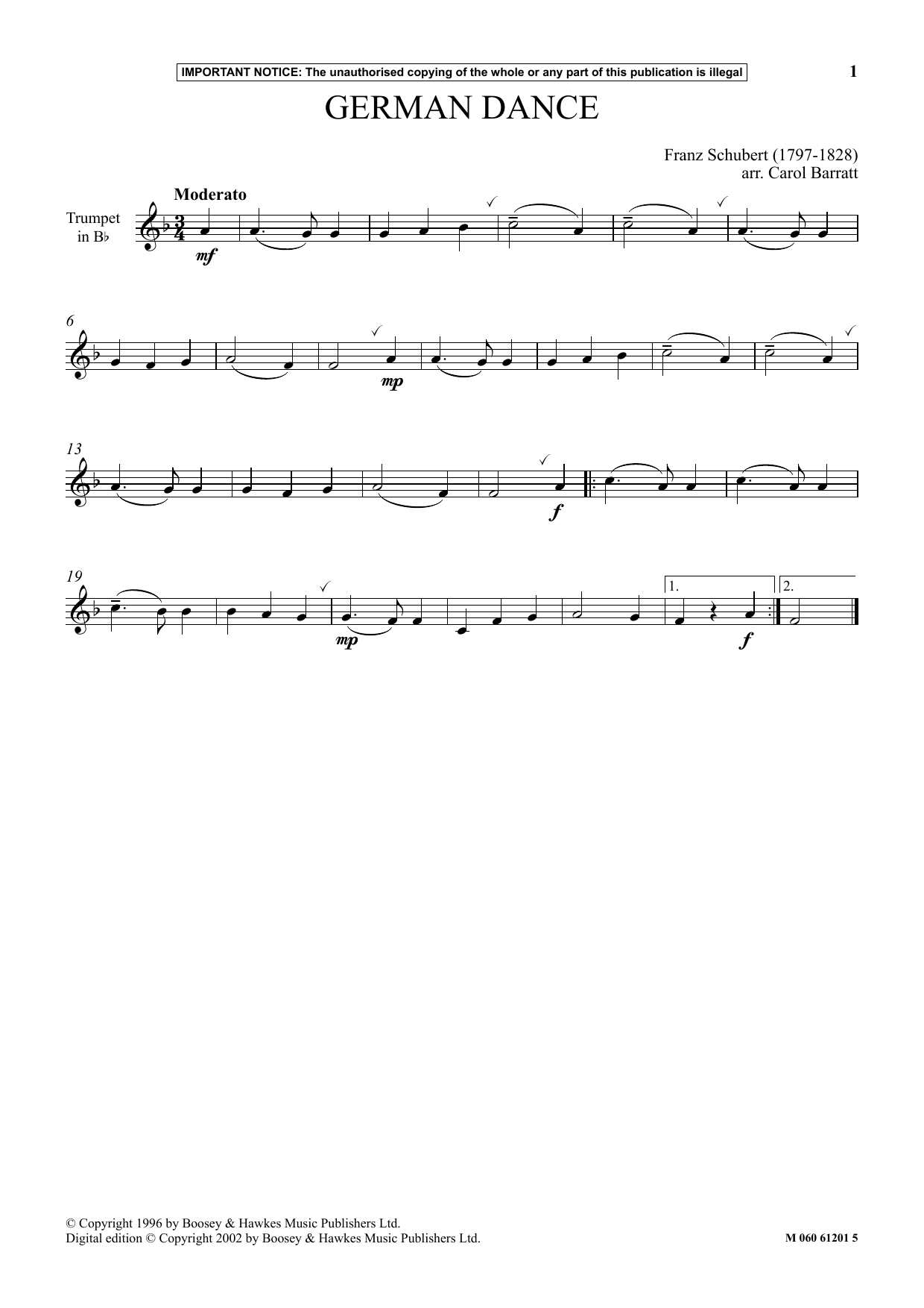 Franz Schubert German Dance sheet music notes and chords arranged for Instrumental Solo